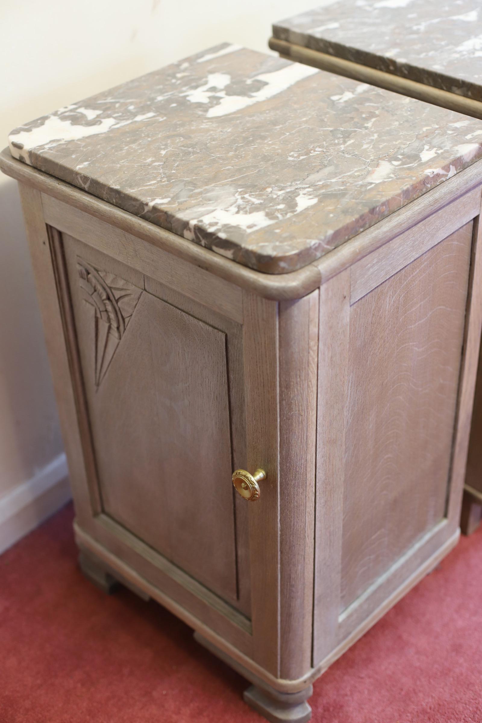 Beautiful Pair Painted Pine Bedside Cabinets With Marble Top For Sale 5