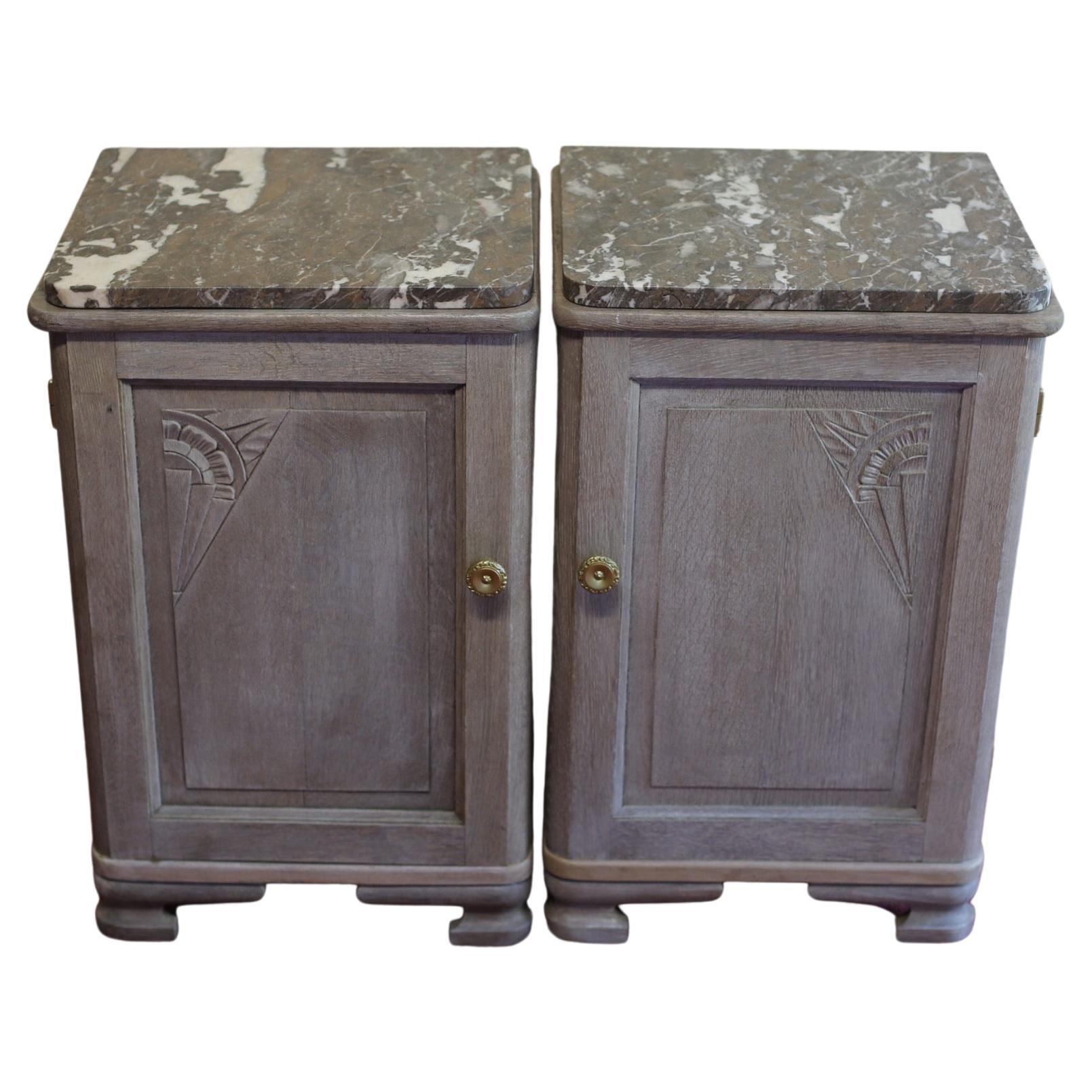 Beautiful Pair Painted Pine Bedside Cabinets With Marble Top For Sale