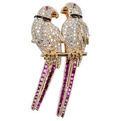 Beautiful Parakeet Motif Yellow Gold Brooche with Diamonds and Rubys