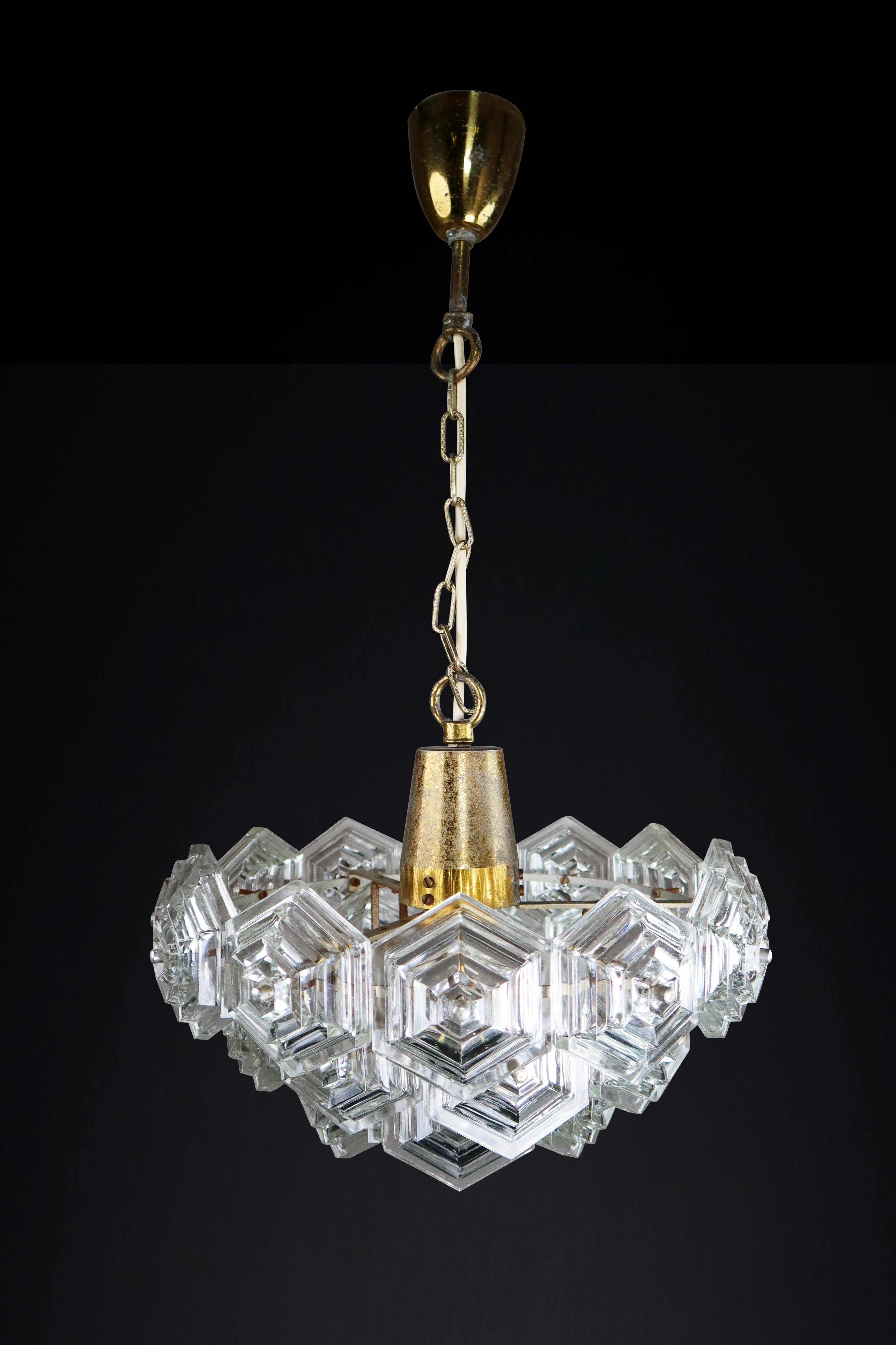 Patinated Brass and Glass Chandelier by Kamenický Šenov Czechoslovakia 1960s For Sale 2