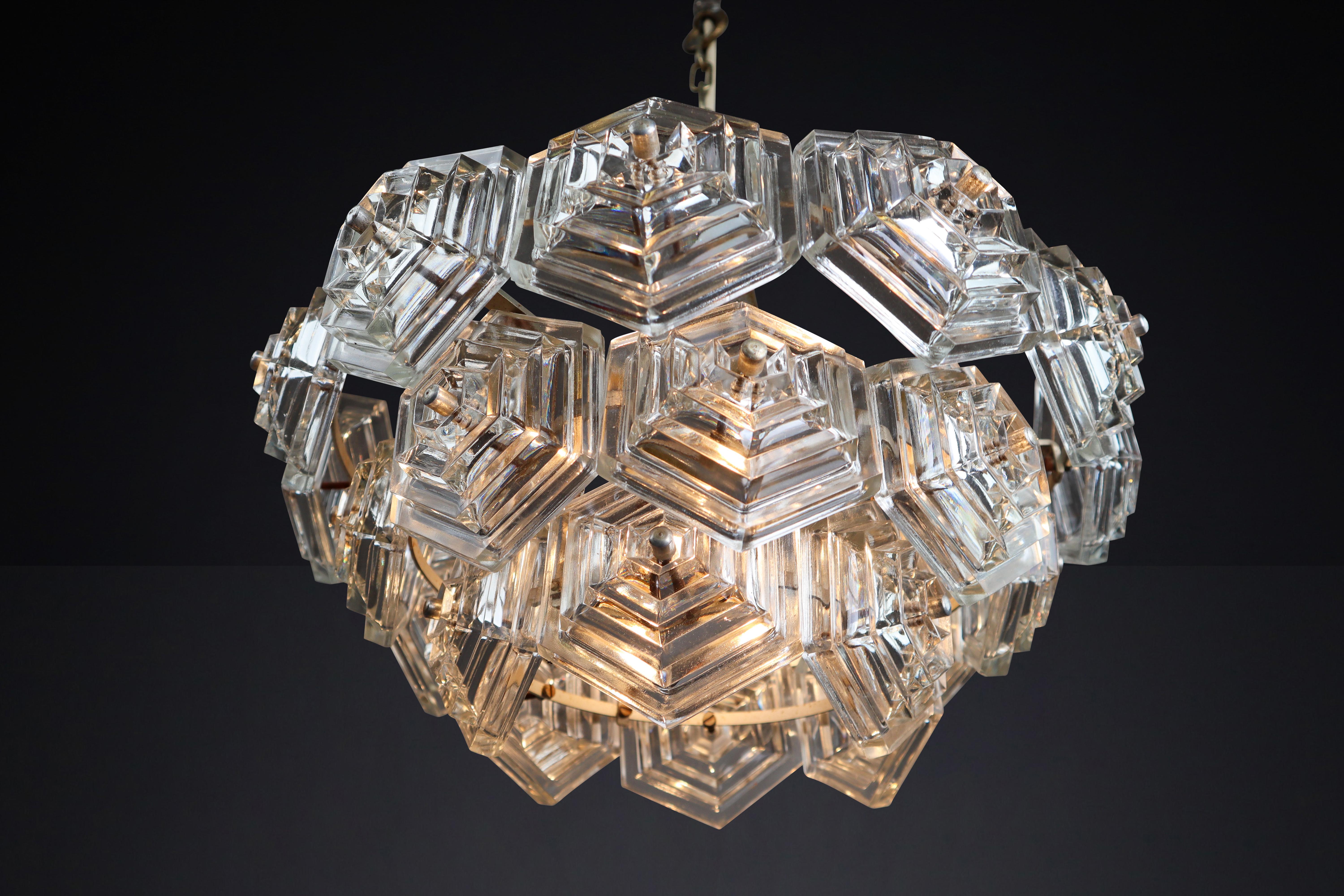 Patinated Brass and Glass Chandelier by Kamenický Šenov Czechoslovakia 1960s For Sale 3