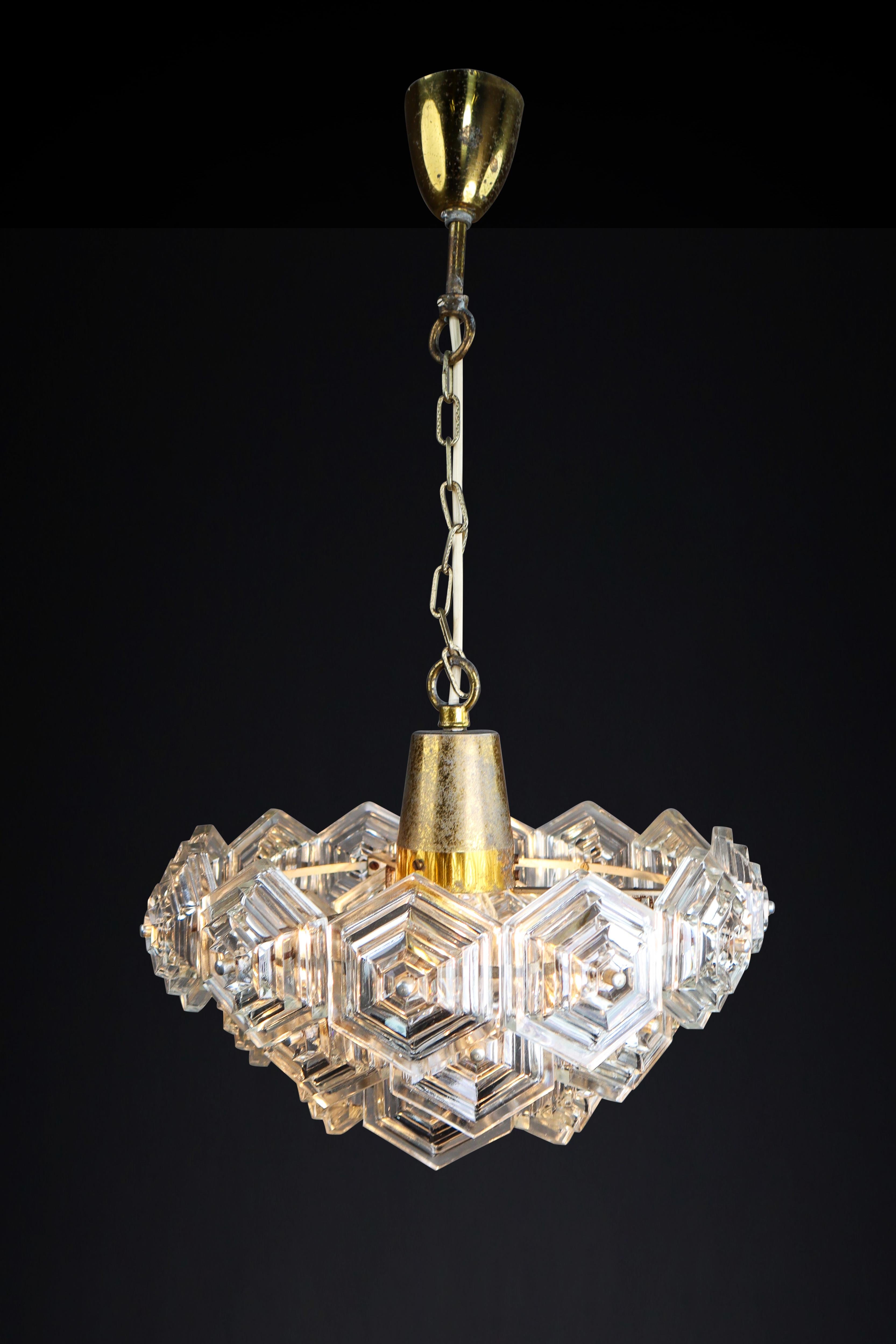 Mid-Century Modern Patinated Brass and Glass Chandelier by Kamenický Šenov Czechoslovakia 1960s For Sale