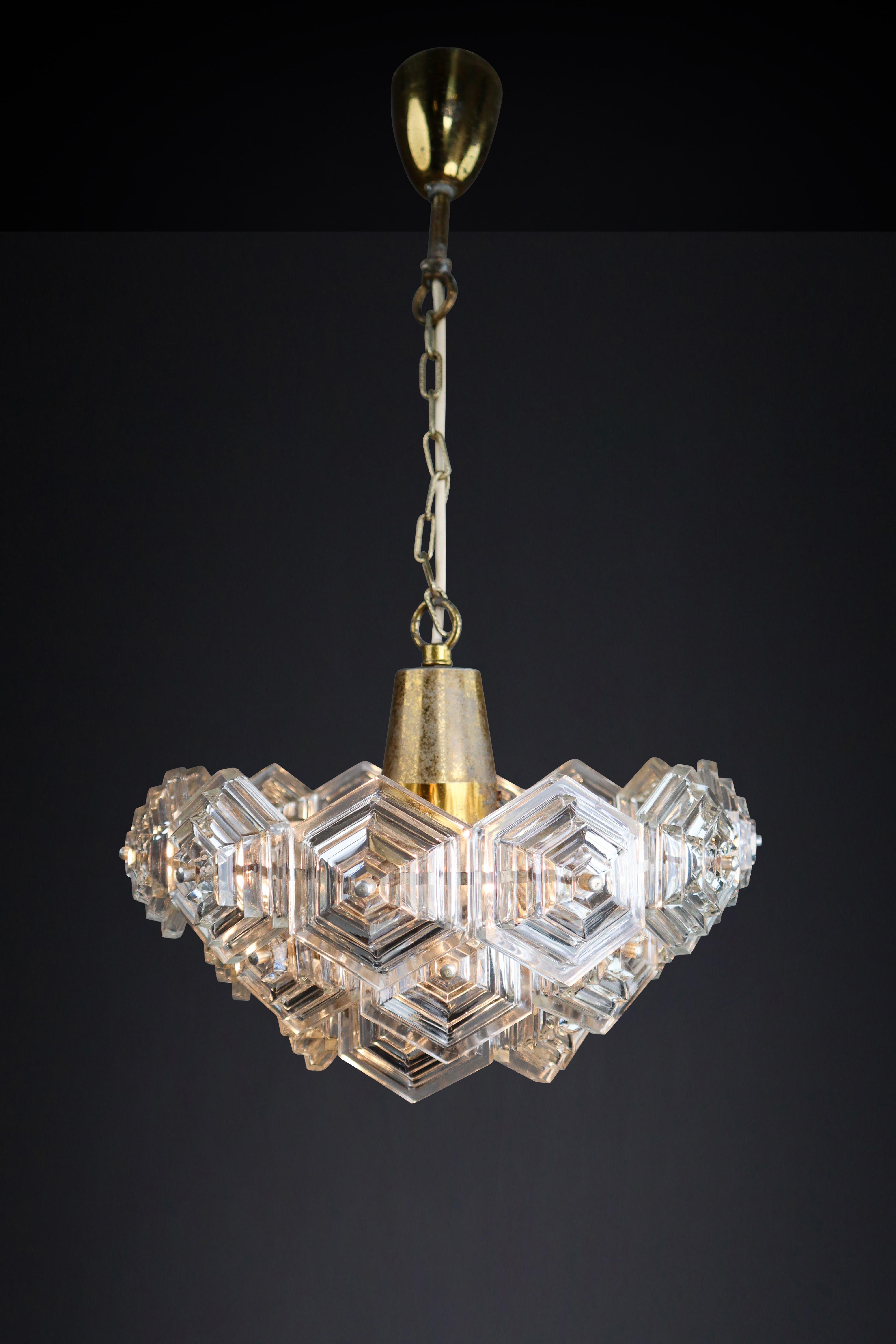 Patinated Brass and Glass Chandelier by Kamenický Šenov Czechoslovakia 1960s For Sale 5