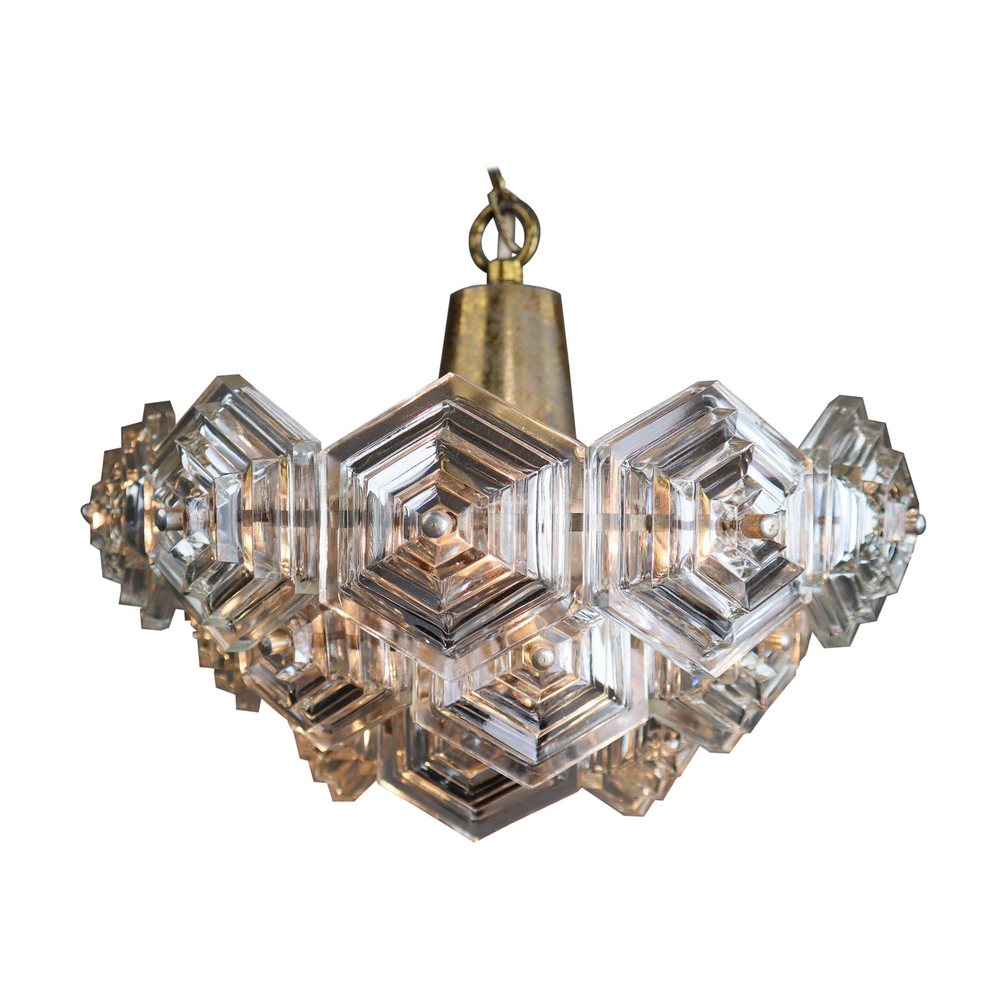 Patinated Brass and Glass Chandelier by Kamenický Šenov Czechoslovakia 1960s For Sale