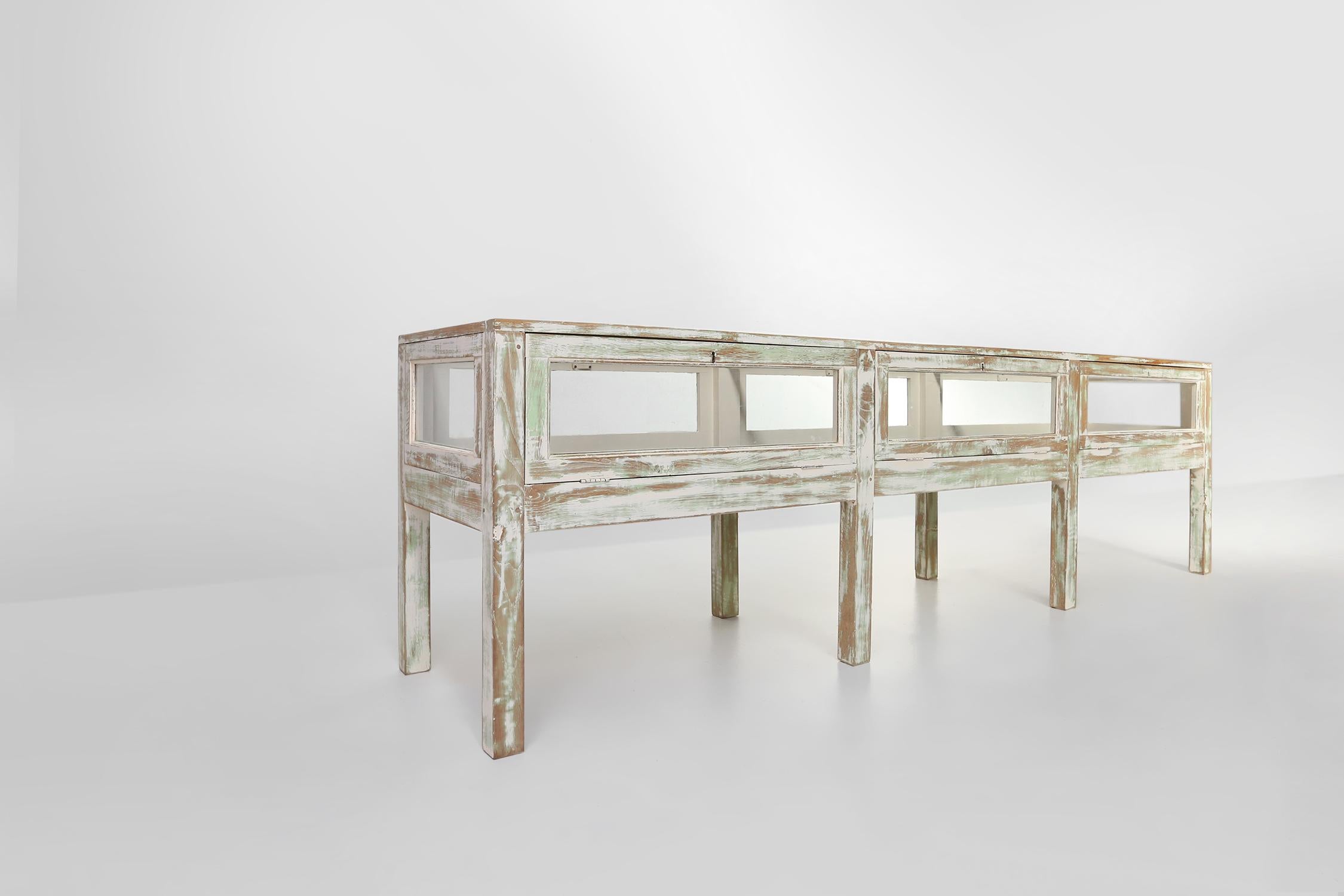 France / 1900 / vitrine / chêne, verre  / milieu du siècle

Une grande vitrine en bois avec 3 compartiments en verre. Fabriqué en France vers 1900. Une belle patine et d'anciennes couches de peinture blanche et verte font de cette pièce