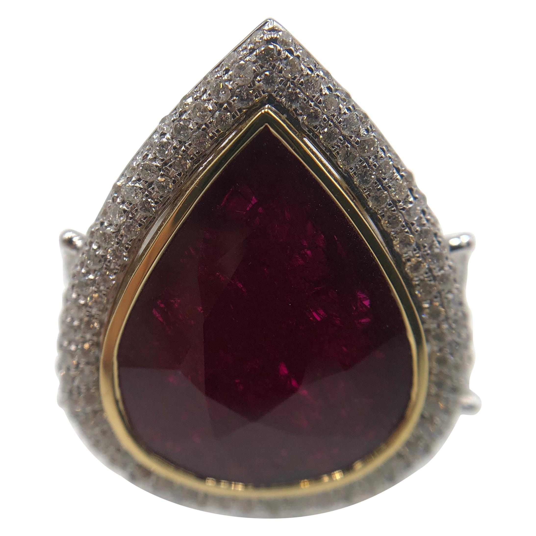 Beautiful Pear Shape Ruby and Diamond Two-Tone Ring in 18 Karat