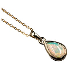 Beautiful Pear Shaped Australian Solid Opal Pendant Necklace 14k Yellow Gold