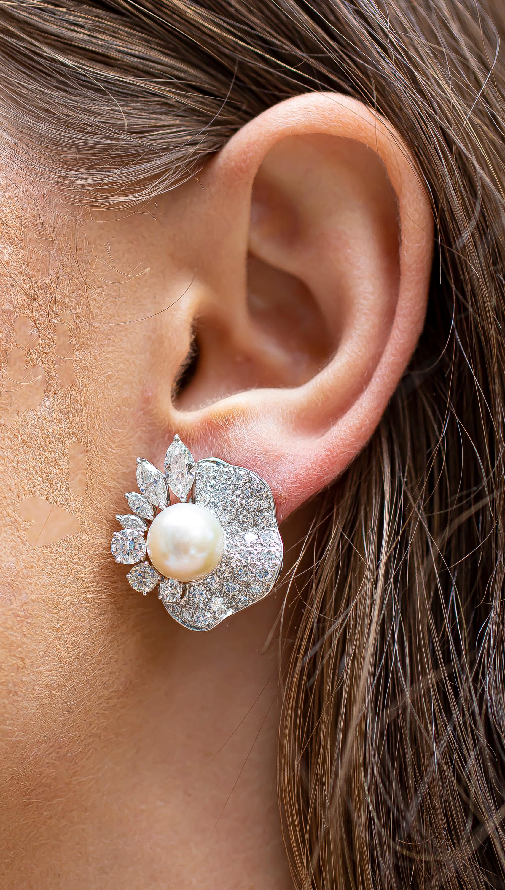 Beautiful Period Pearl Diamond Earrings. 
Pearls 10.25mm
Diamonds 5.50 carats
Platinum  (with 14K modern omega clip backs )
Clip on earrings ( we can add posts if requested, complimentary)