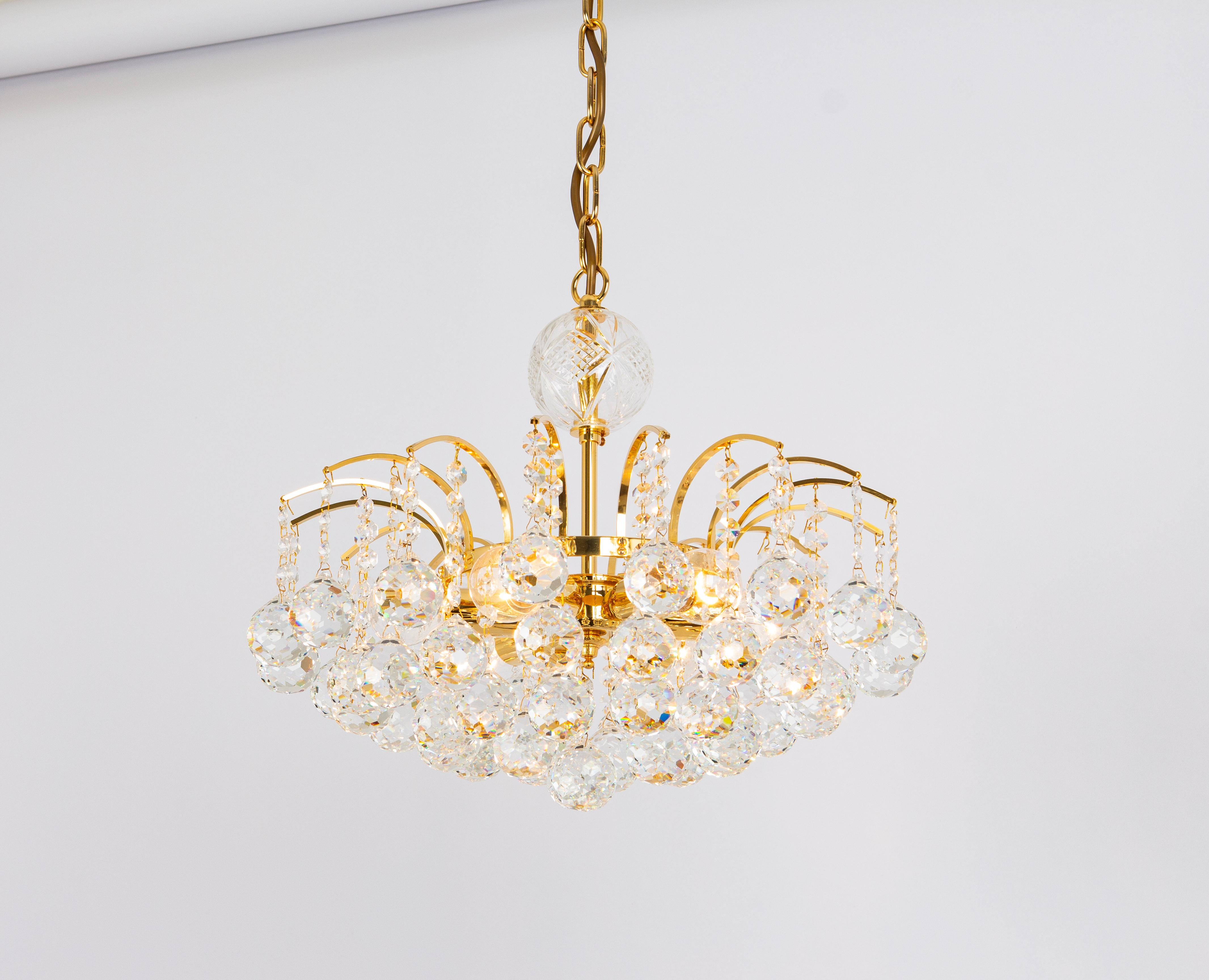 Brass Beautiful Petite Christoph Palme Chandelier Midcentury Crystal Balls, 1970s For Sale