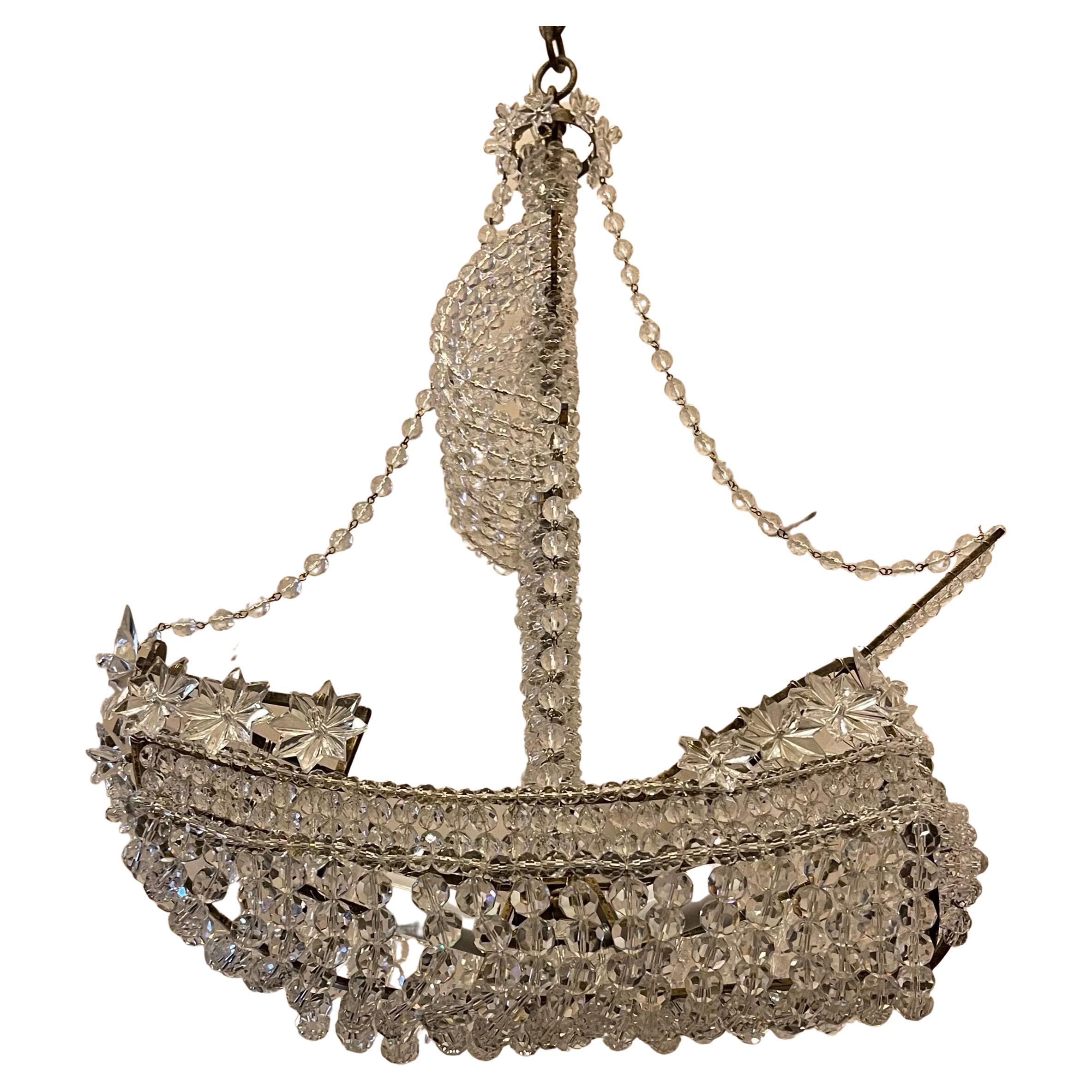 A Beautiful Petite Italian crystal beaded 
& Gold Gilt Boat / Ship Form Chandelier 
With 2 Candelabra Lights Inside.