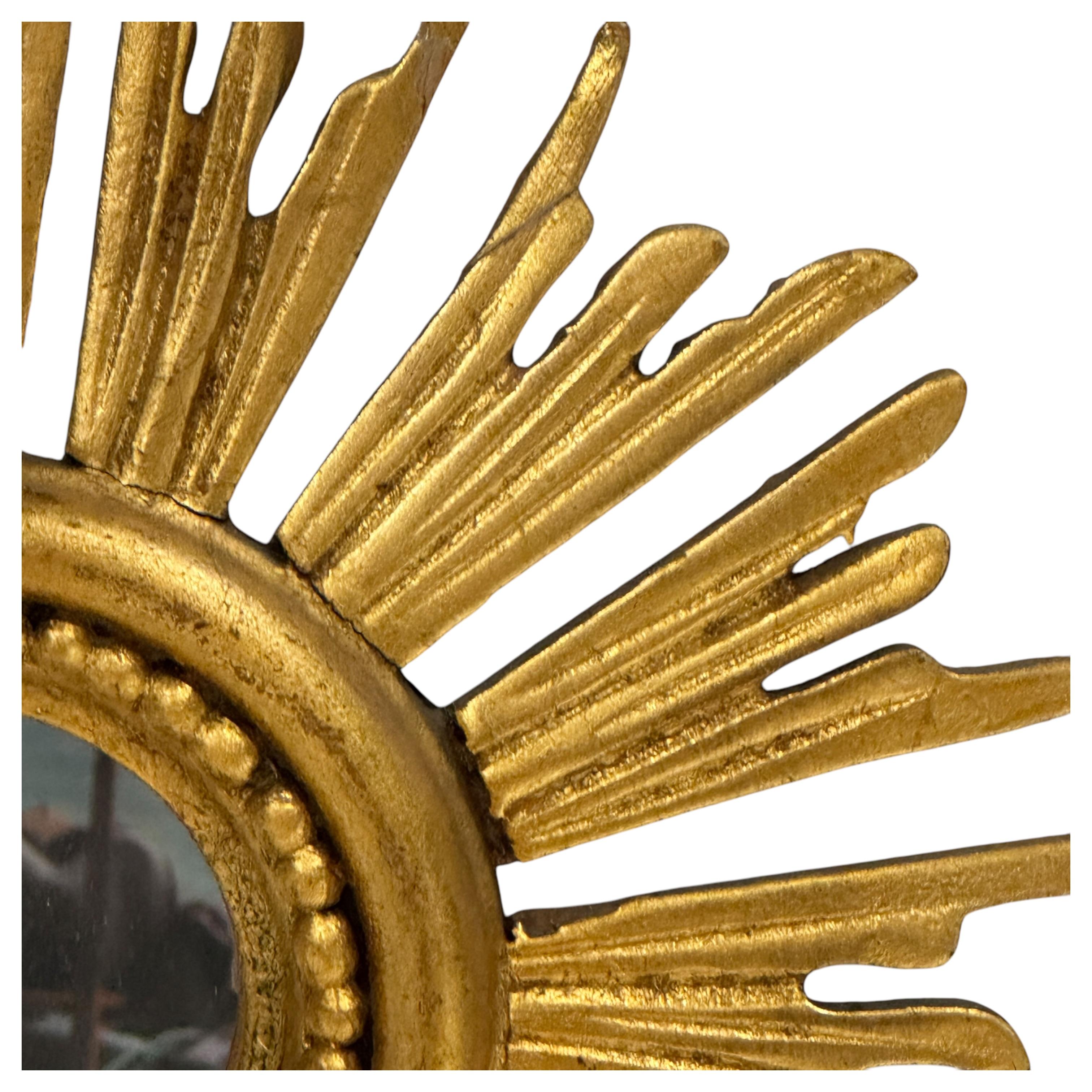 Mid-20th Century Beautiful Petite Starburst Sunburst Gilded Wood Mirror, Germany circa 1950s