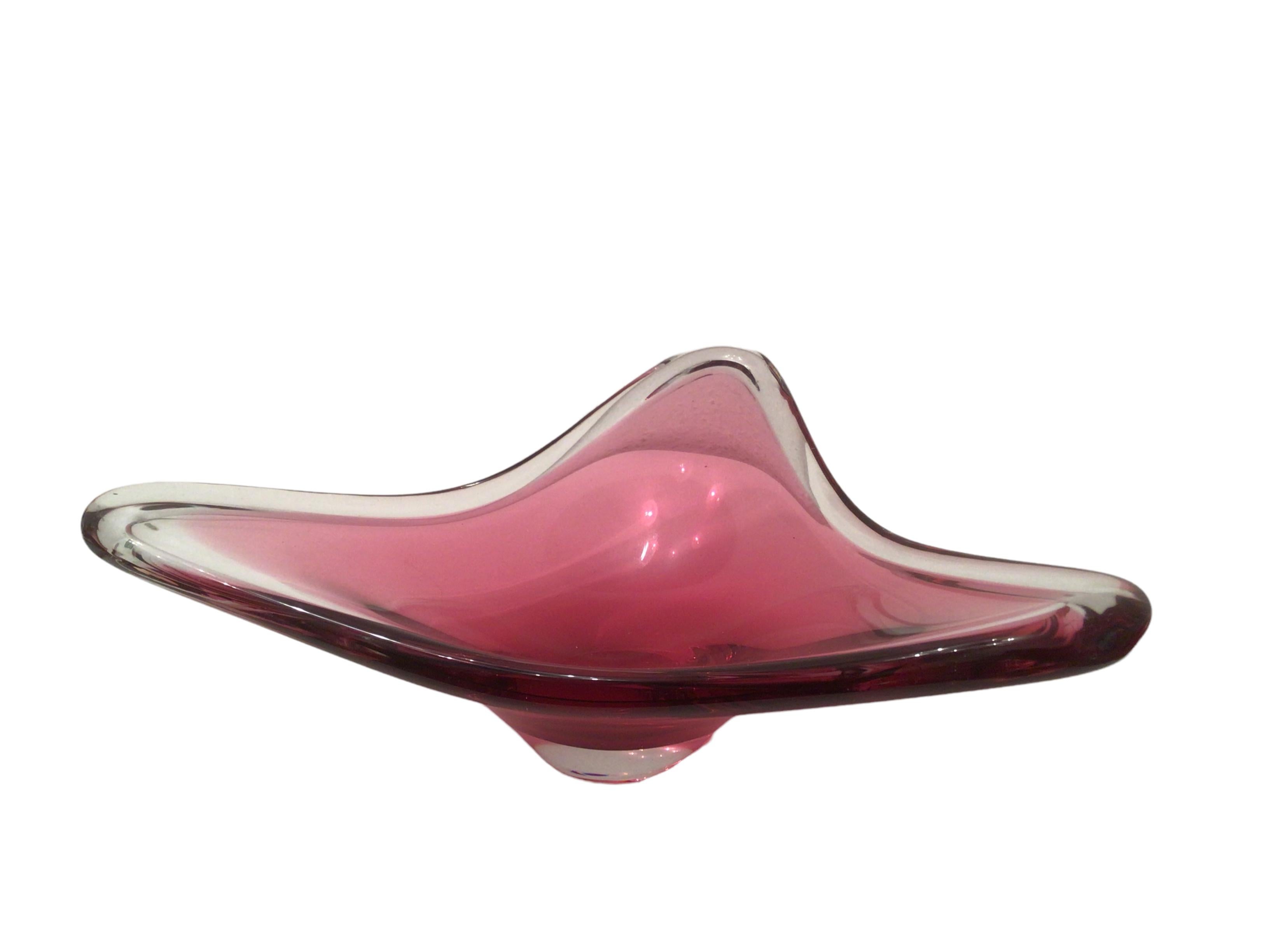 Mid-Century Modern Beautiful Pink and Clear Murano Glass Bowl Catchall Vintage, Italy, 1980s For Sale