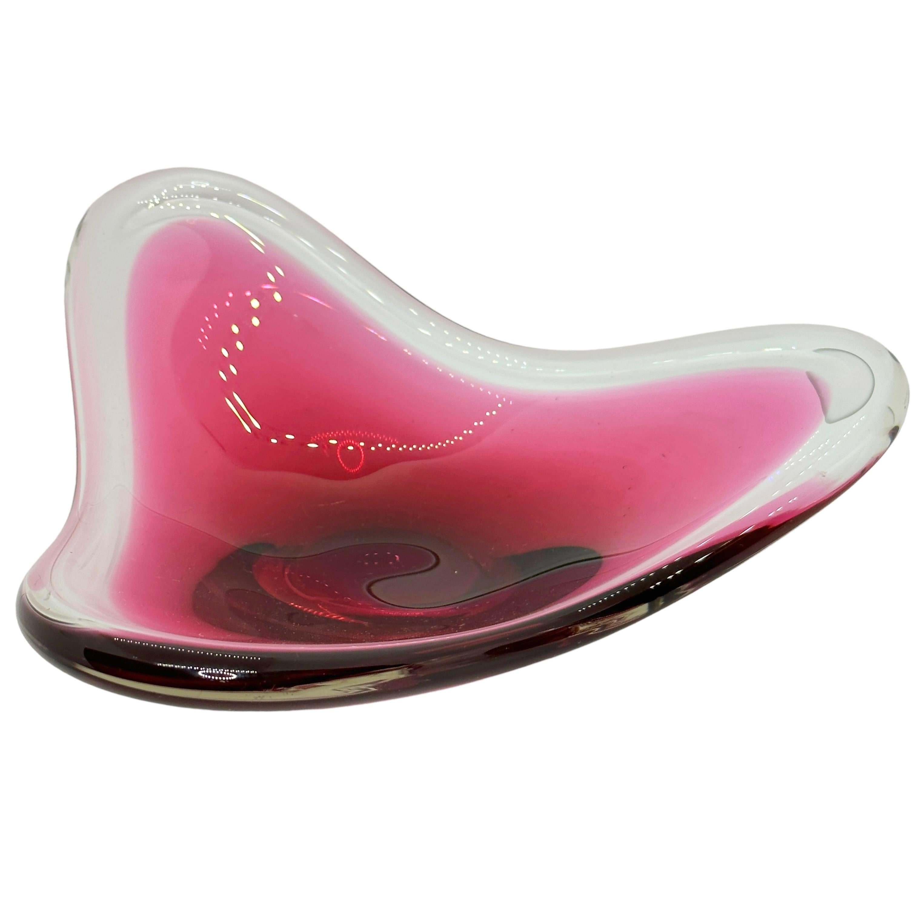 Italian Beautiful Pink and Clear Murano Glass Bowl Catchall Vintage, Italy, 1980s For Sale