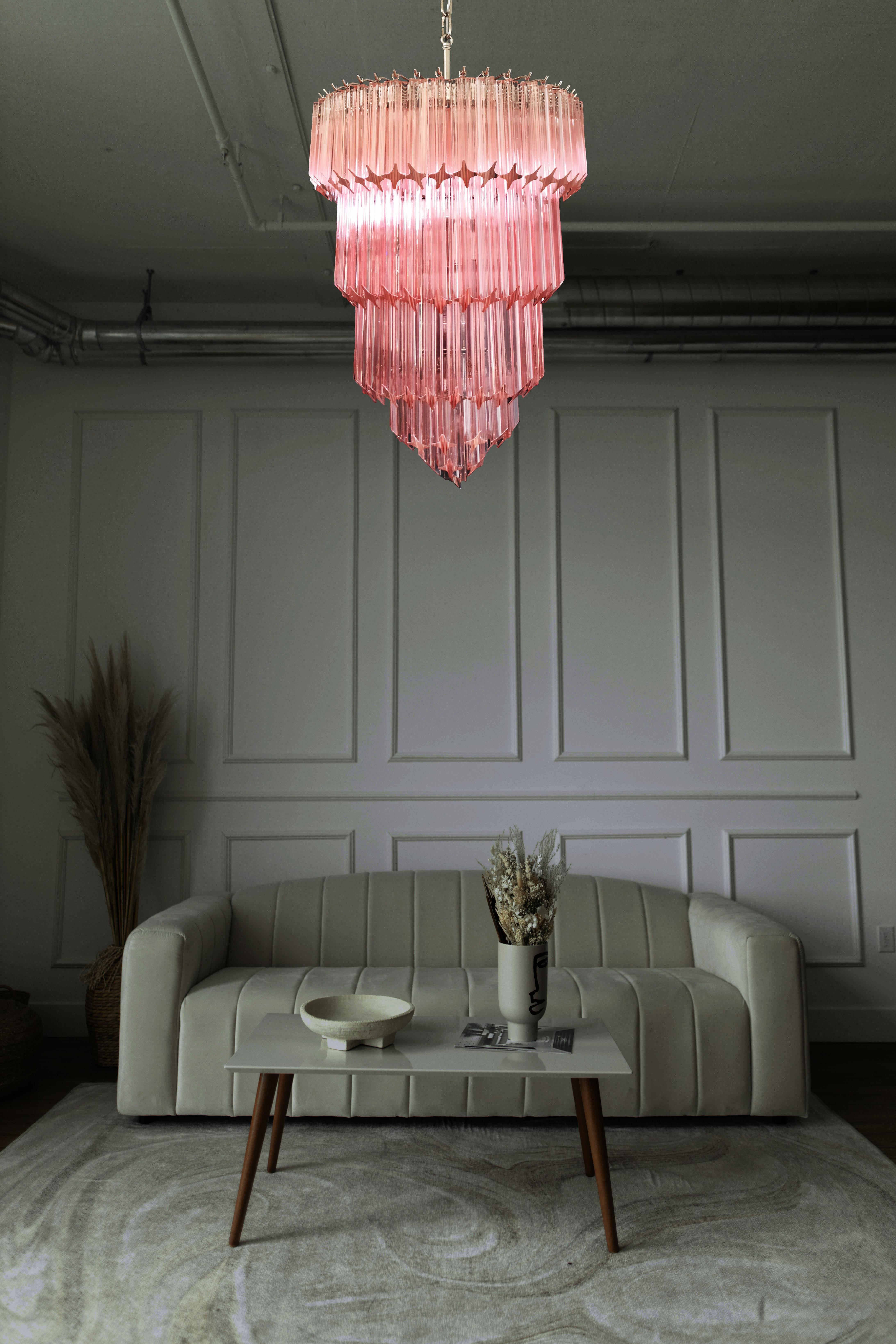 Italian Beautiful Pink Murano glass chandelier - 112 pink quadriedri For Sale