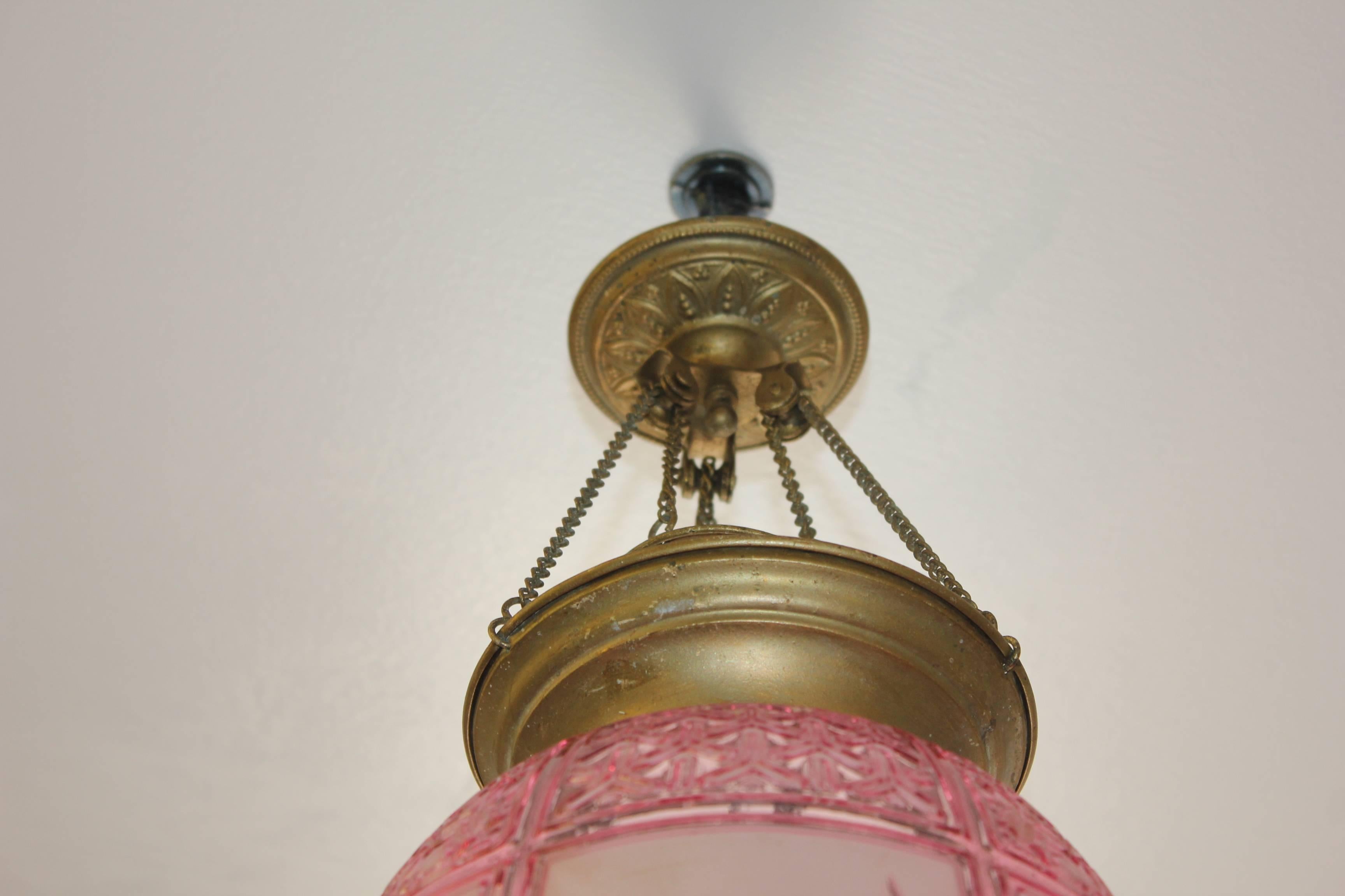 Beautiful Pink Oil Lantern or Pendant Signed by ''Baccarat'', circa 1890s 11