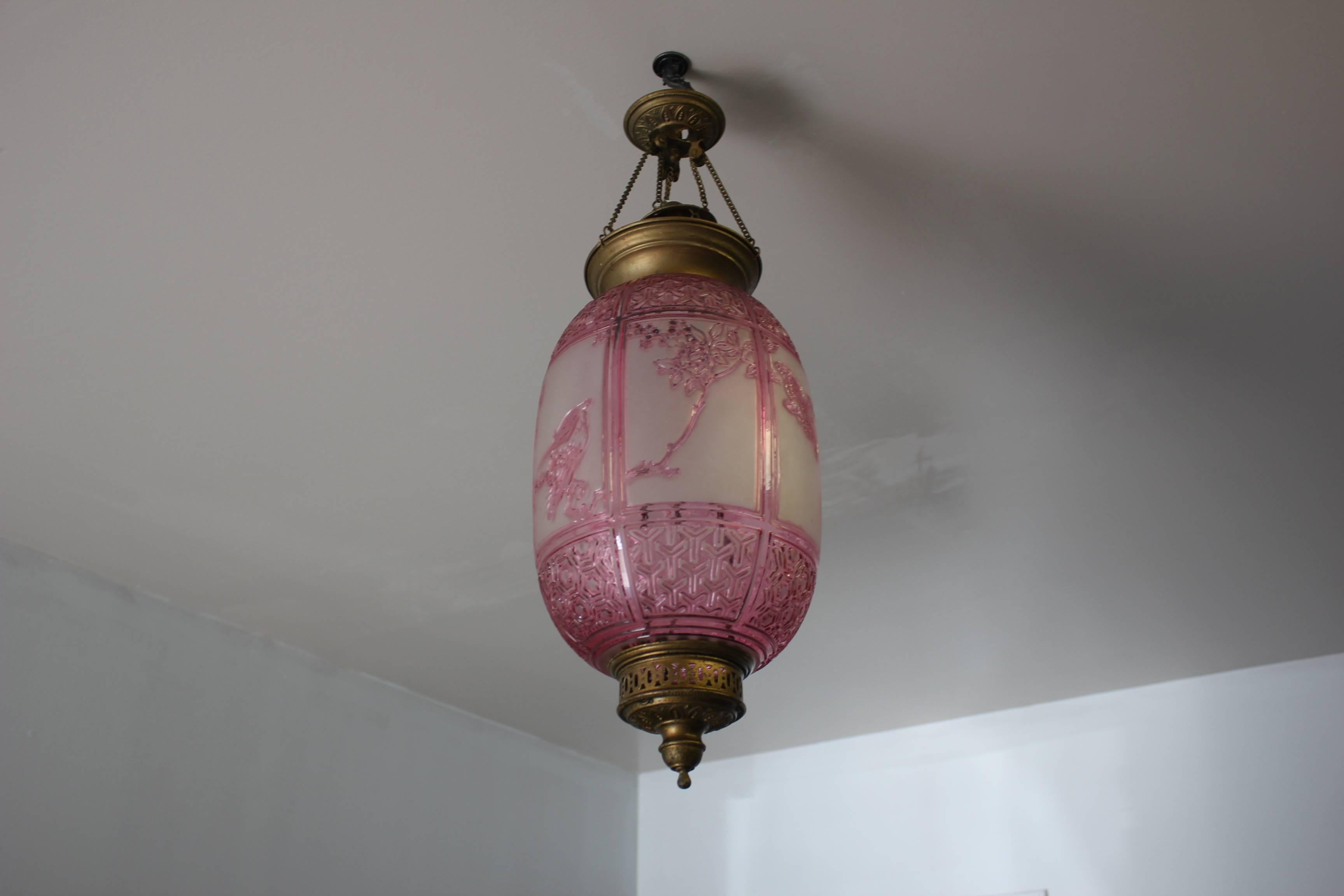 Beautiful Pink Oil Lantern or Pendant Signed by ''Baccarat'', circa 1890s 12