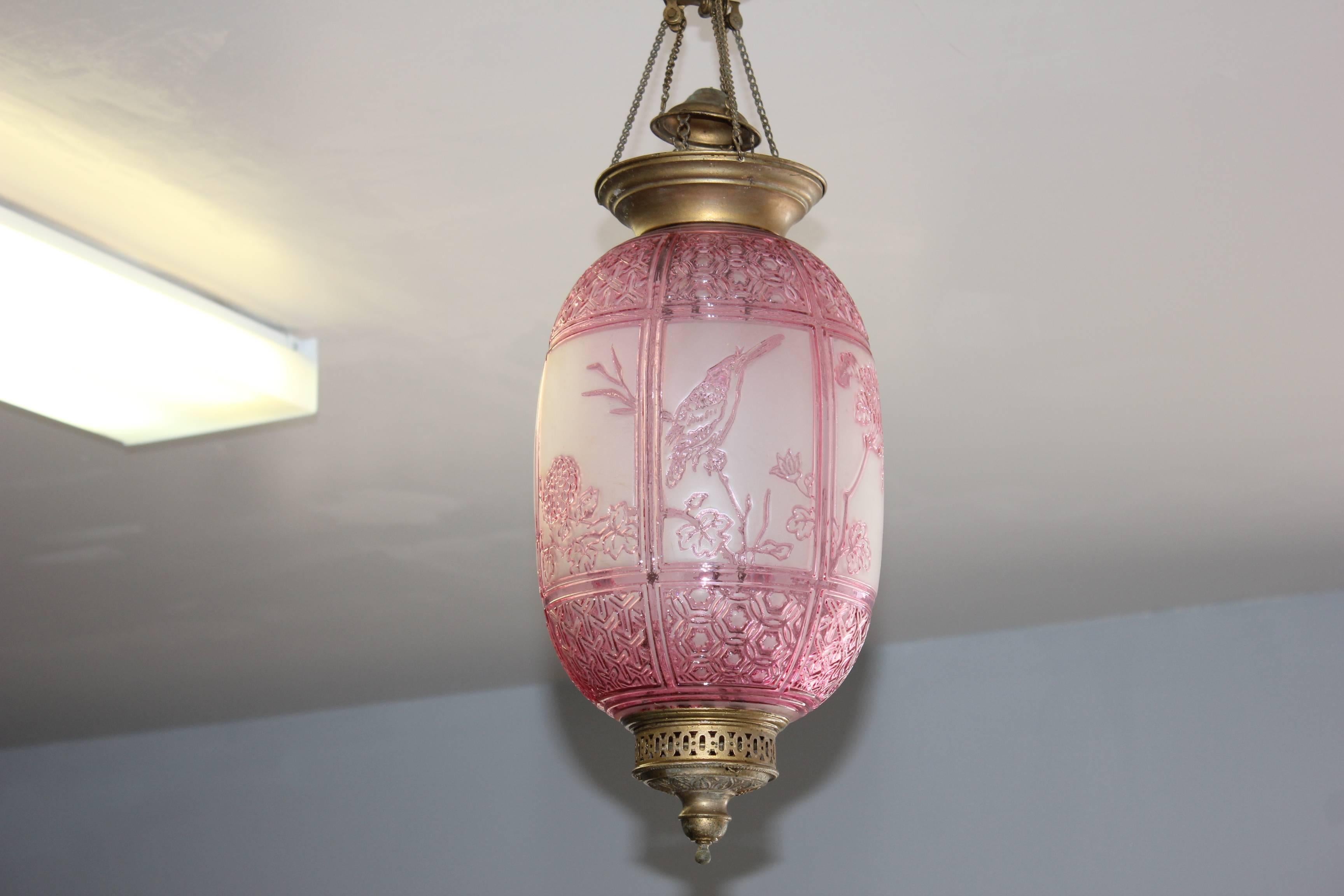 A truly rare item! A unique pink color electrified oil lantern signed by Baccarat, 19th century France. the lantern or the pendant are in perfect condition, no chips or cracks to the glass. Some oxidation to brass components. Very detailed scenes/