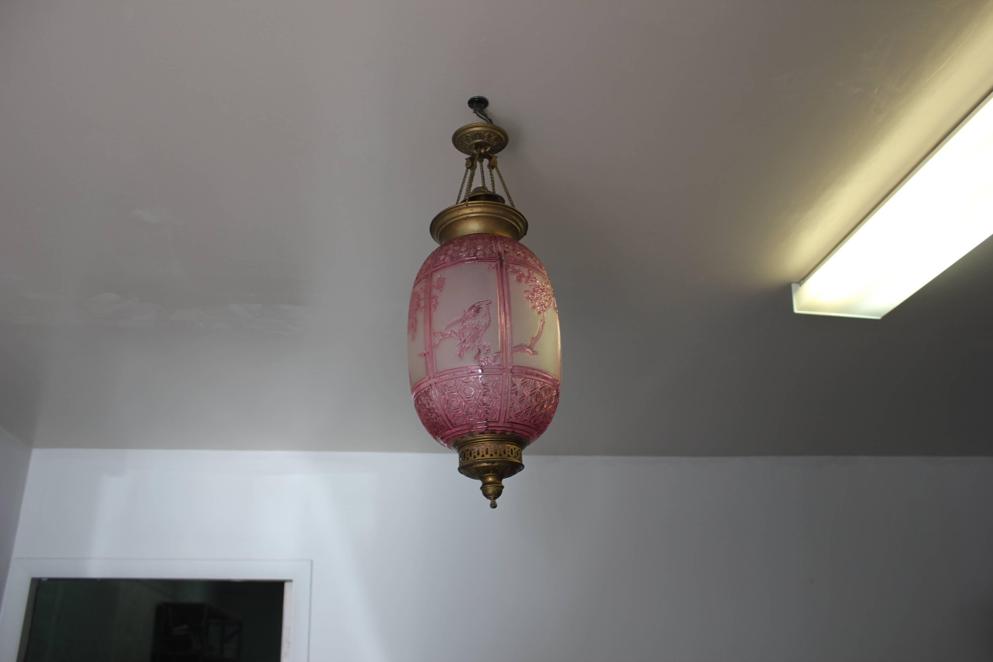 Beautiful Pink Oil Lantern or Pendant Signed by ''Baccarat'', circa 1890s 14