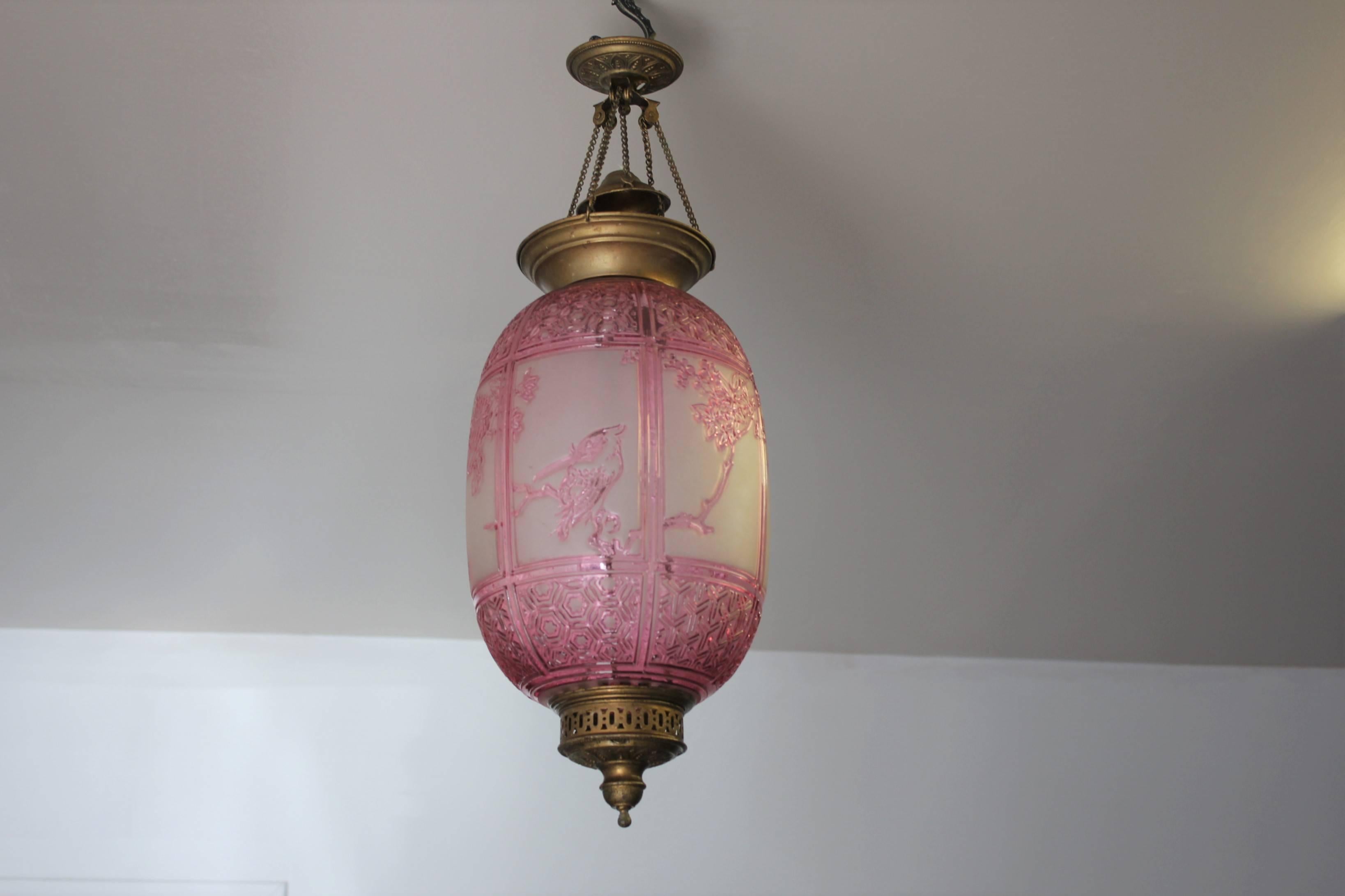 Beautiful Pink Oil Lantern or Pendant Signed by ''Baccarat'', circa 1890s In Excellent Condition In Hialeah, FL