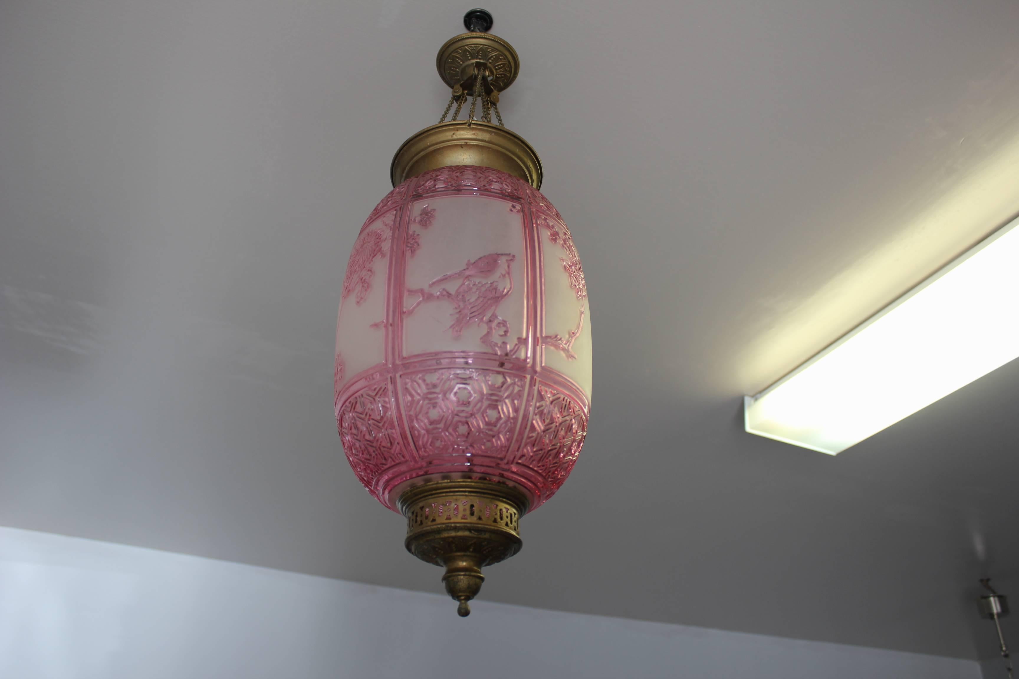Late 19th Century Beautiful Pink Oil Lantern or Pendant Signed by ''Baccarat'', circa 1890s