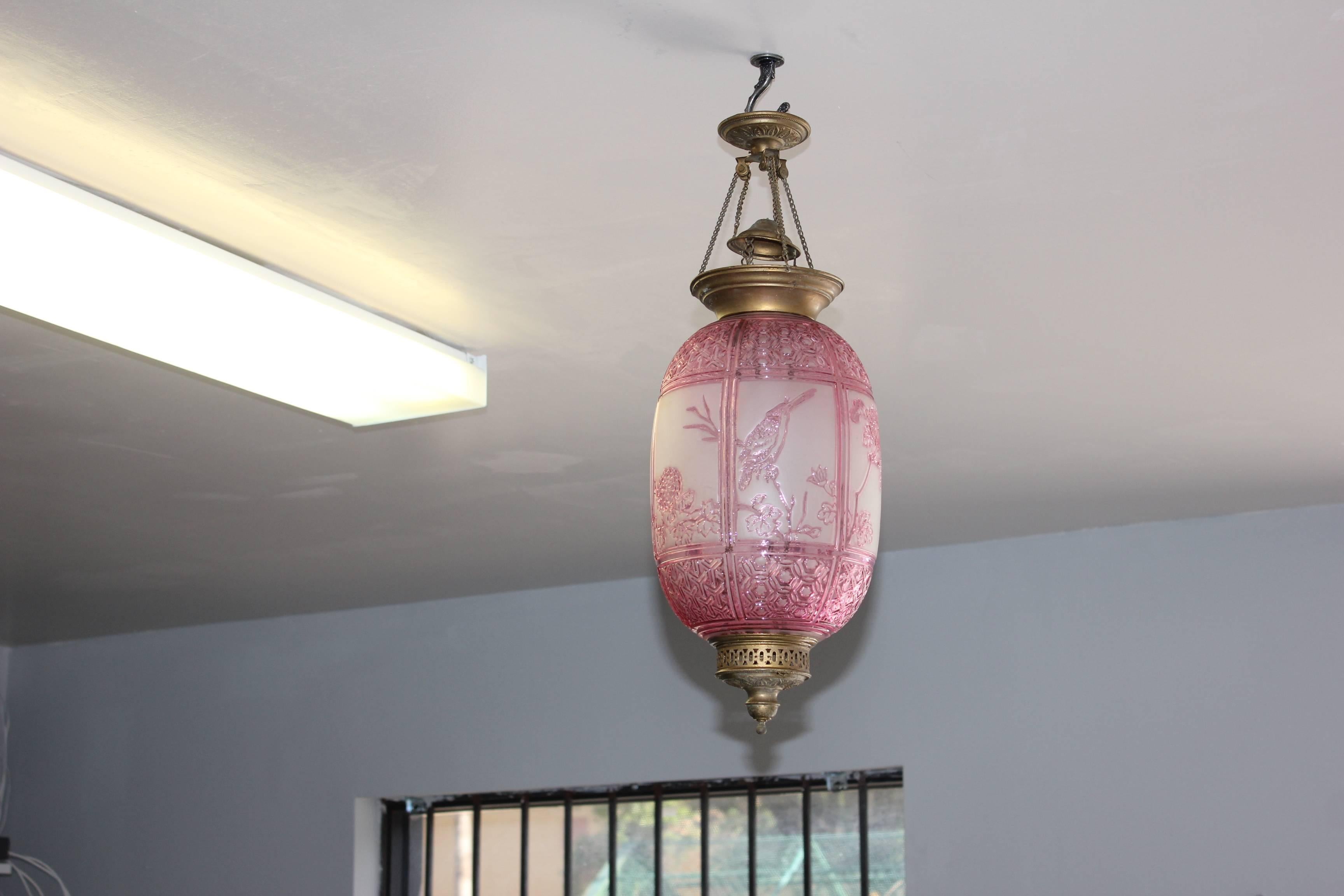 Beautiful Pink Oil Lantern or Pendant Signed by ''Baccarat'', circa 1890s 3
