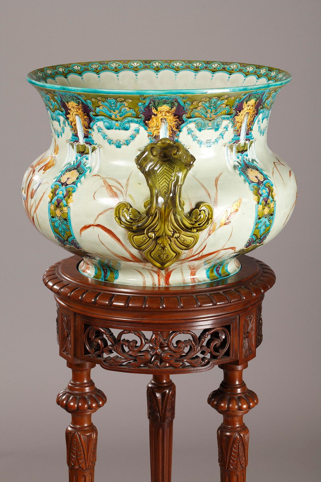 French Beautiful Iris Planter by the Gien Manufacture, France, Circa 1880 For Sale