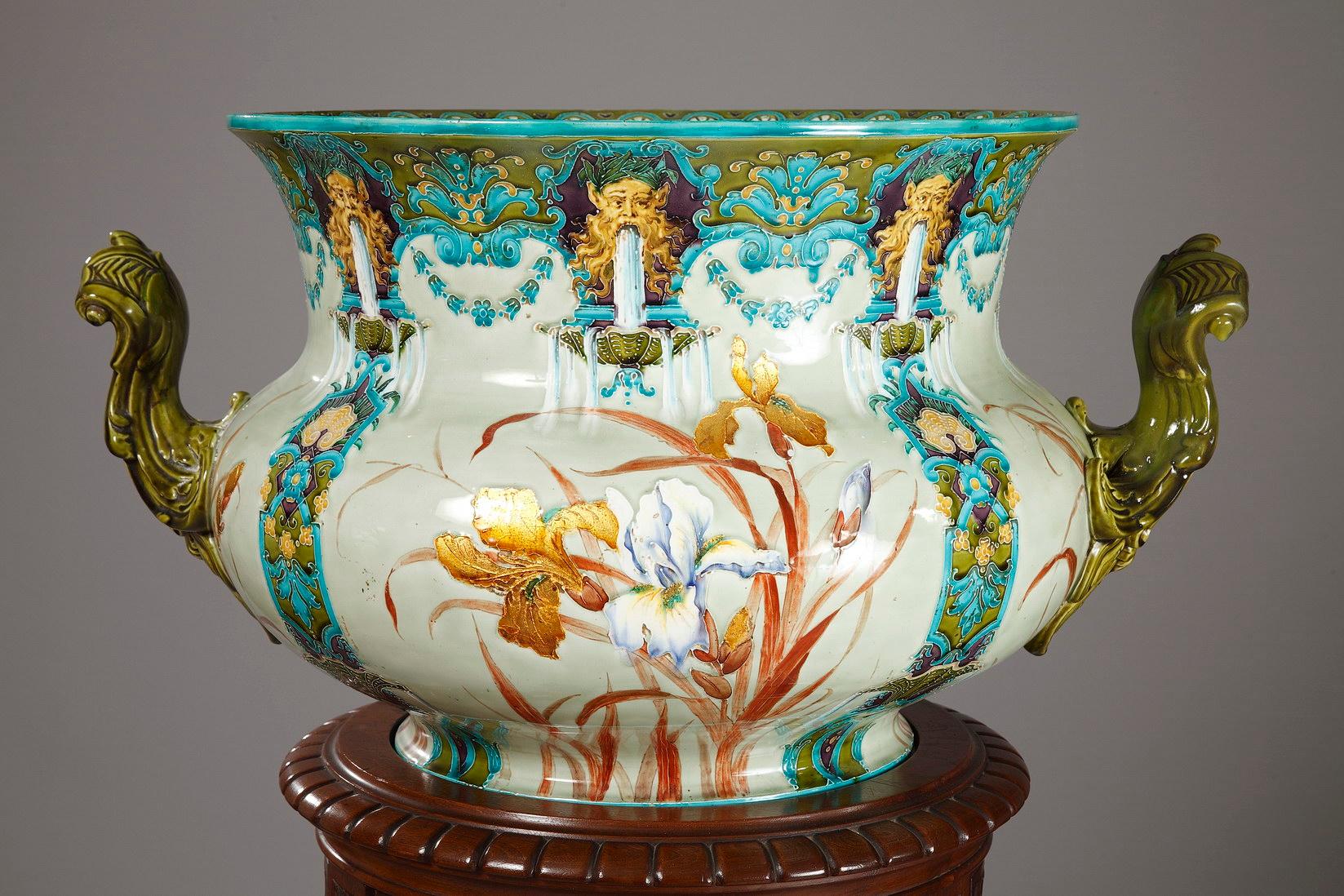 Faience Beautiful Iris Planter by the Gien Manufacture, France, Circa 1880 For Sale