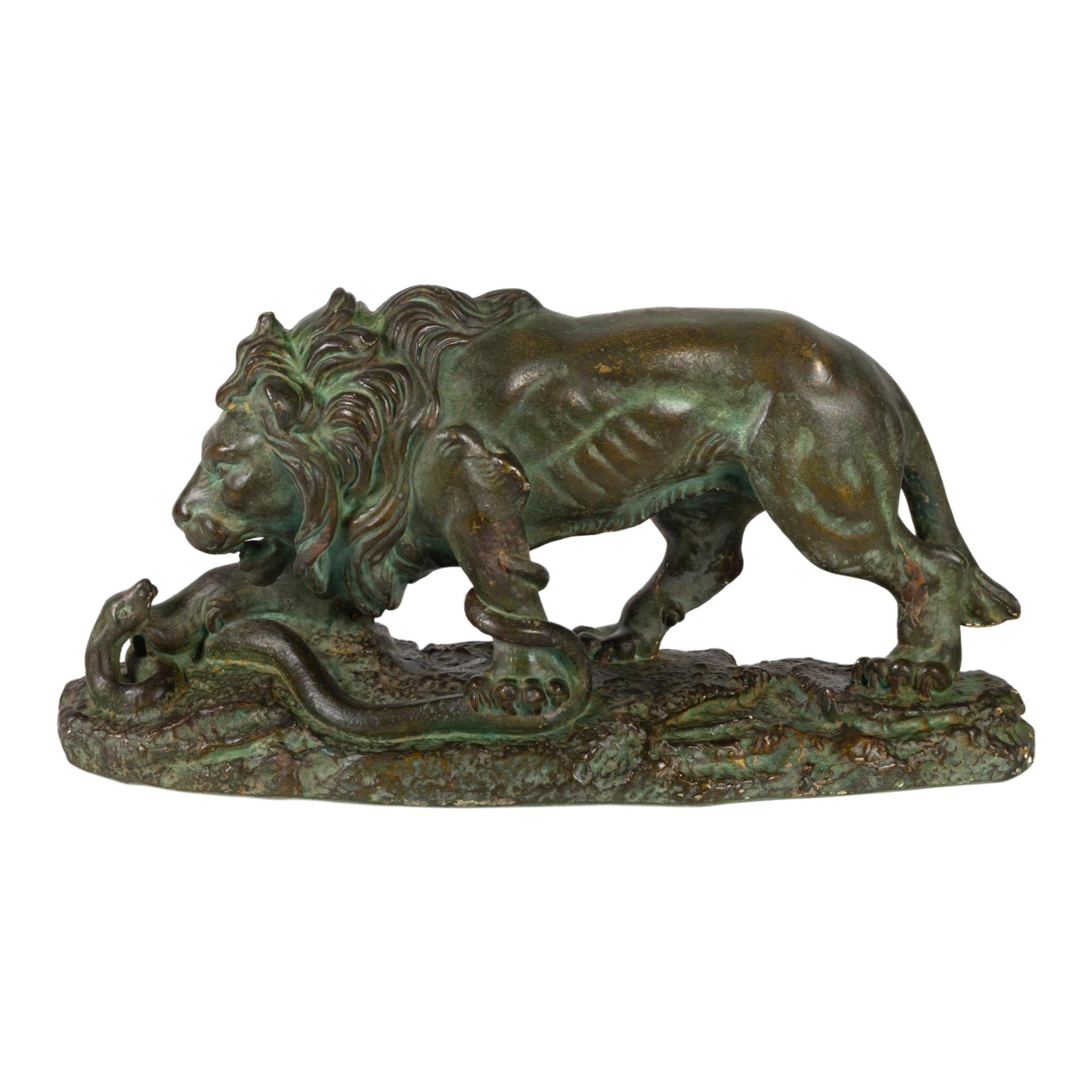 Beautiful Plaster Sculpture, Lion and Snake, Romeo Capovani, Italy, circa 1925 For Sale