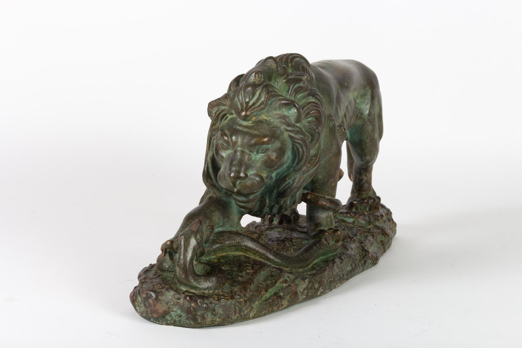 Italian Beautiful Plaster Sculpture, Lion and Snake, Romeo Capovani, Italy, circa 1925 For Sale