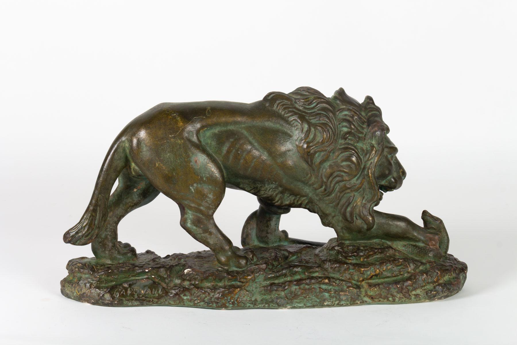 Early 20th Century Beautiful Plaster Sculpture, Lion and Snake, Romeo Capovani, Italy, circa 1925 For Sale