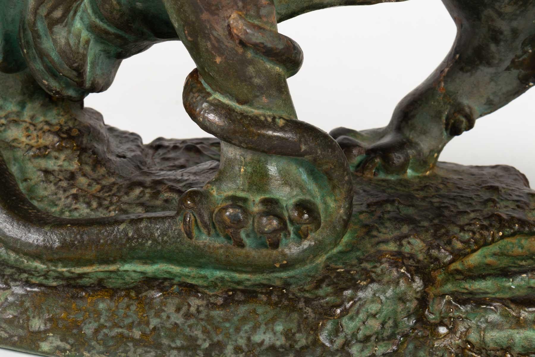 Magnifique sculpture en plâtre, lion et serpent, Romeo Capovani, Italie, vers 1925 en vente 1
