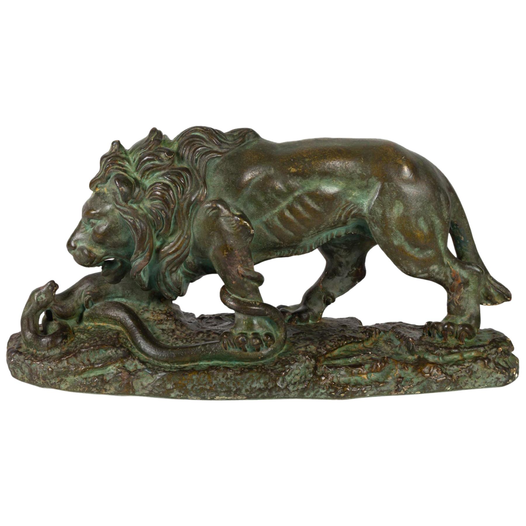 Beautiful Plaster Sculpture, Lion and Snake, Romeo Capovani, Italy, circa 1925 For Sale
