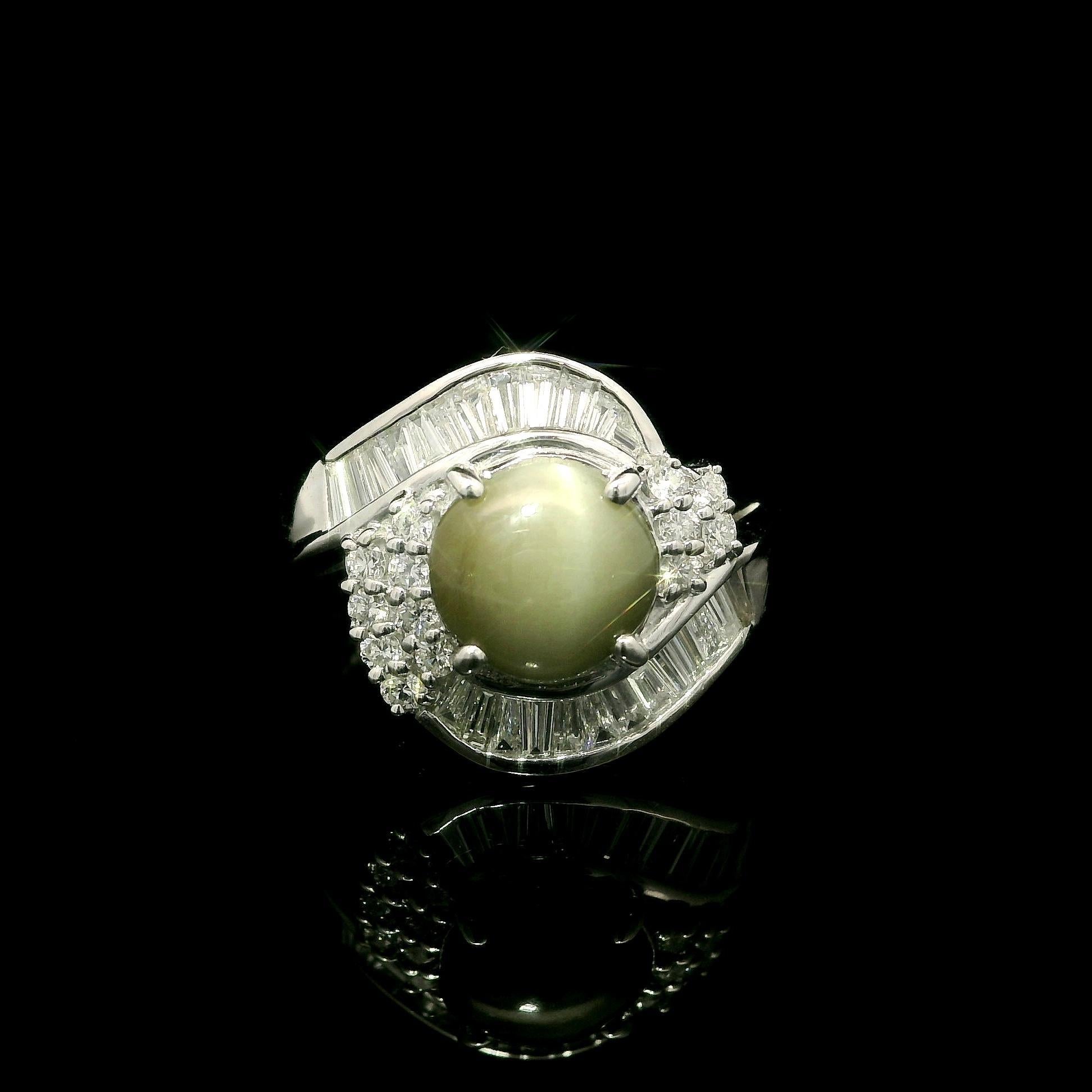 --Pietre: --
(1) Occhio di gatto naturale autentico - taglio cabochon rotondo - incastonato - colore giallo verdastro trasparente - 7,4 mm - 2,13ct (esatto - stampato)
Numerosi diamanti naturali autentici - taglio brillante rotondo e baguette -