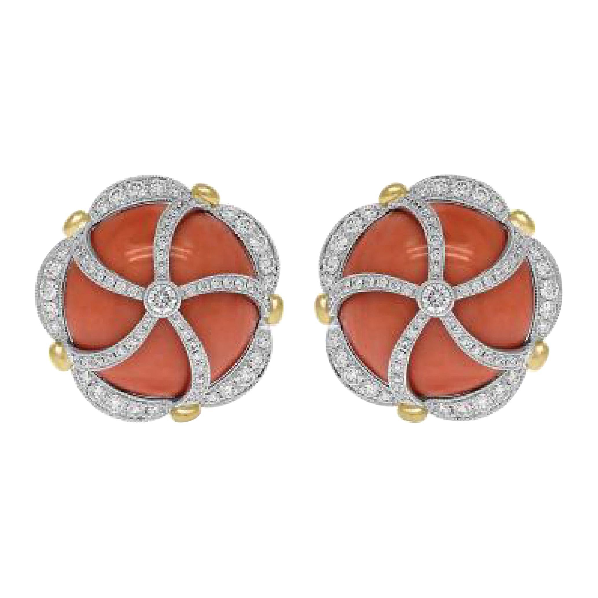 Sophia D. 44.60 Carats of Coral and Diamond Earrings in Platinum For Sale