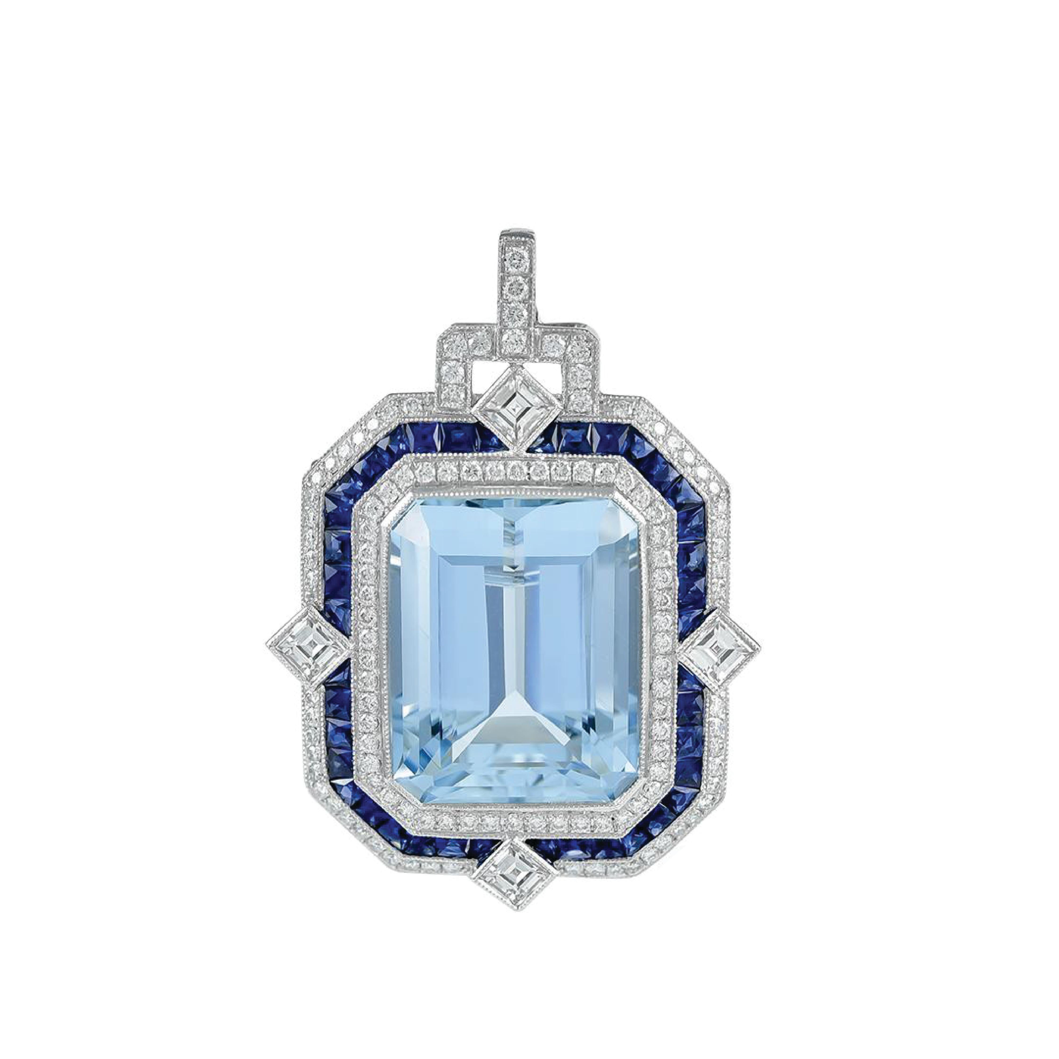 Platinum Set Pendant by Sophia D with 24.38 carats Aquamarine Center accented by Sapphires weighing 3.77 carats and Diamonds with a 3.68 carat total weight.

Sophia D by Joseph Dardashti LTD has been known worldwide for 35 years and are inspired by