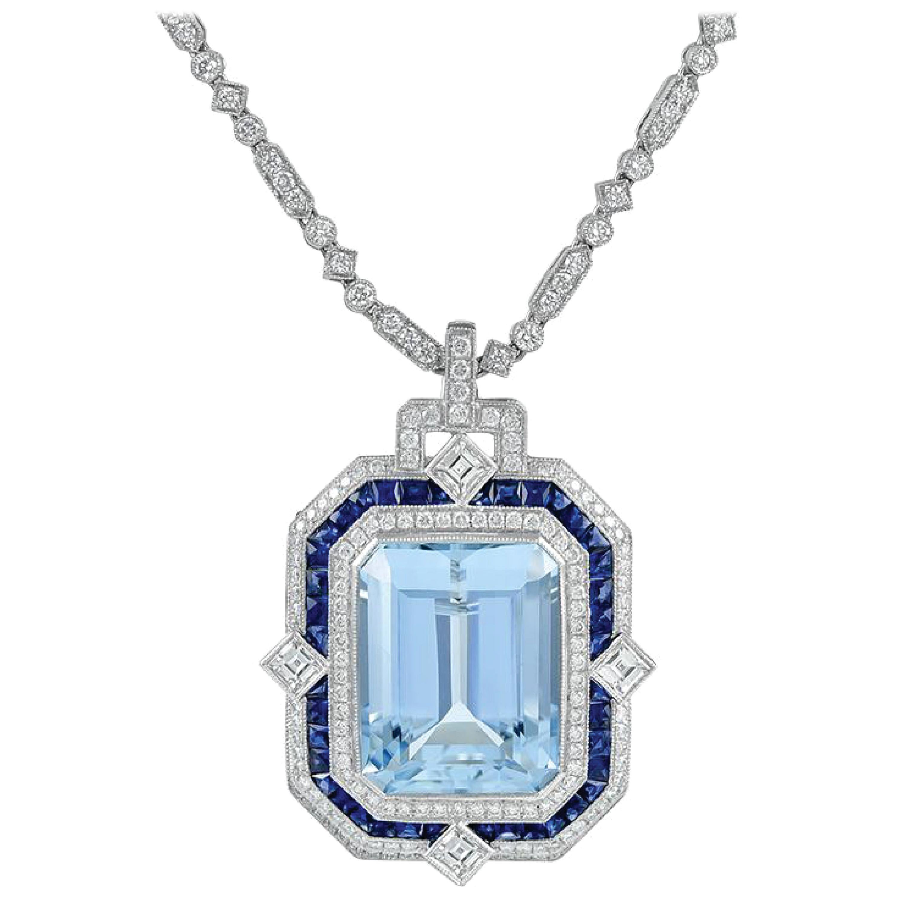 Beautiful Platinum Aquamarine Pendant Accented with Sapphires and Diamonds