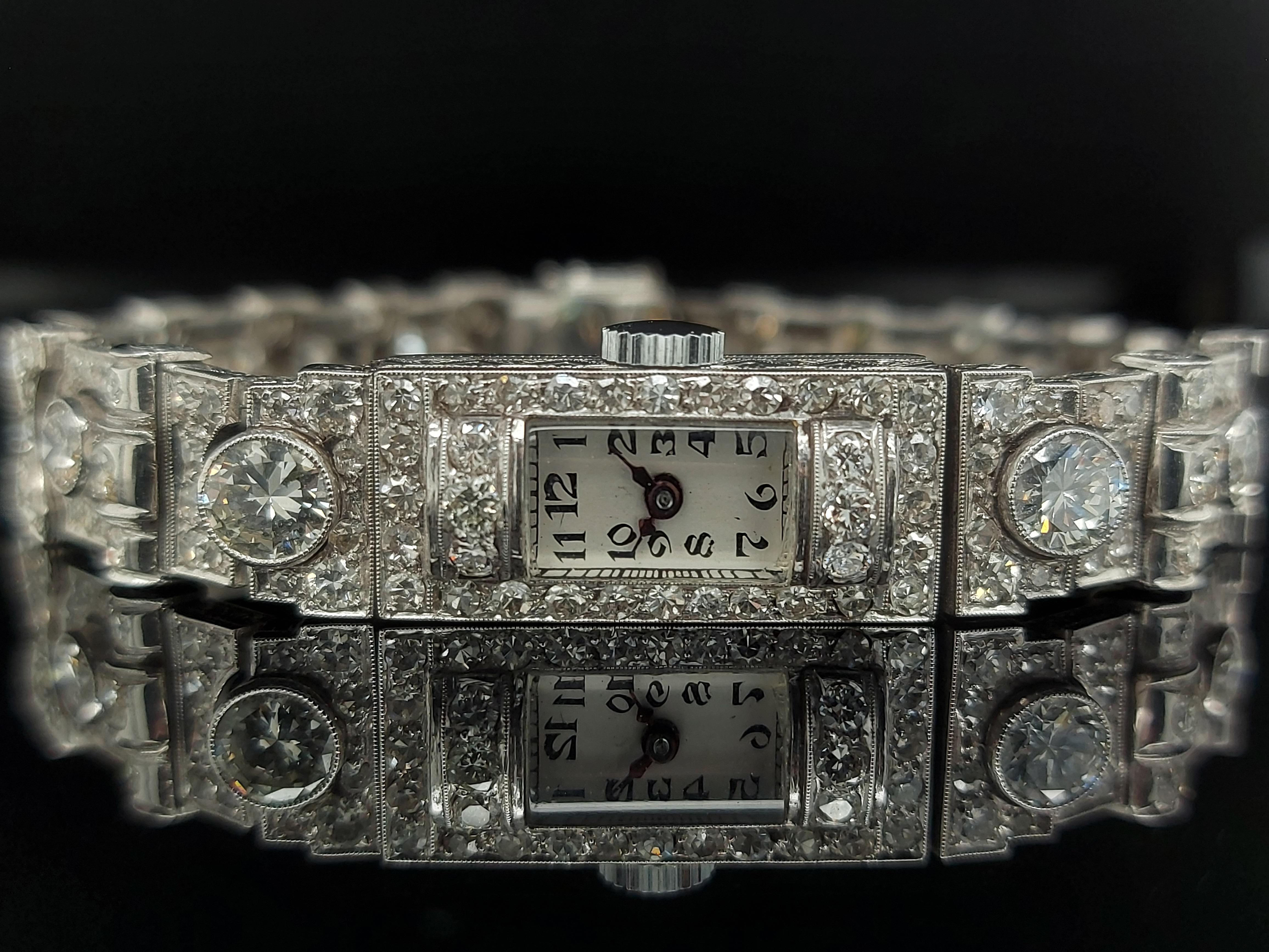 Beautiful Platinum Diamond Art Deco Watch Diamond Bracelet For Sale 2