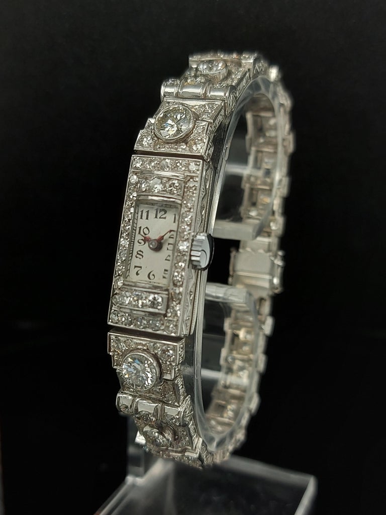 Beautiful Platinum Diamond Art Deco Watch Diamond Bracelet For Sale 10