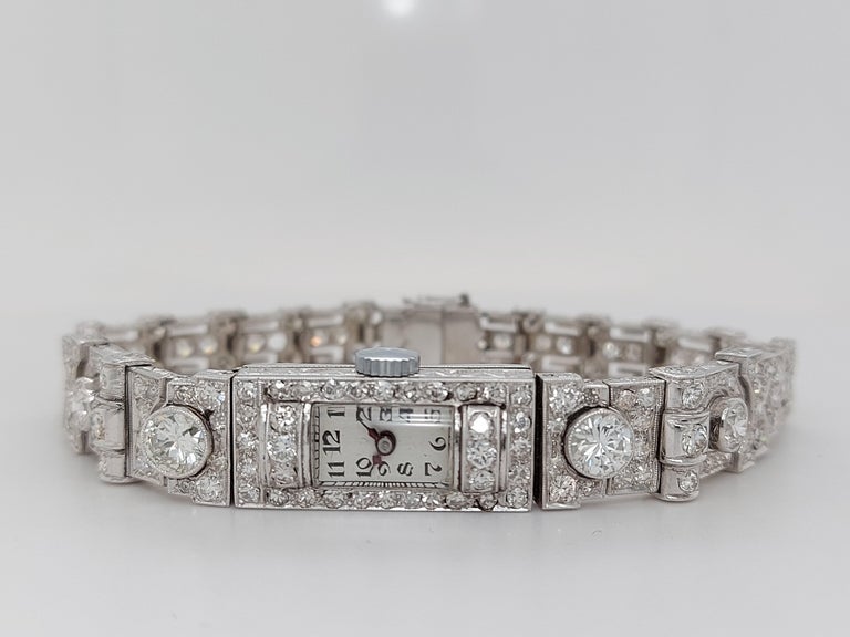 Round Cut Beautiful Platinum Diamond Art Deco Watch Diamond Bracelet For Sale