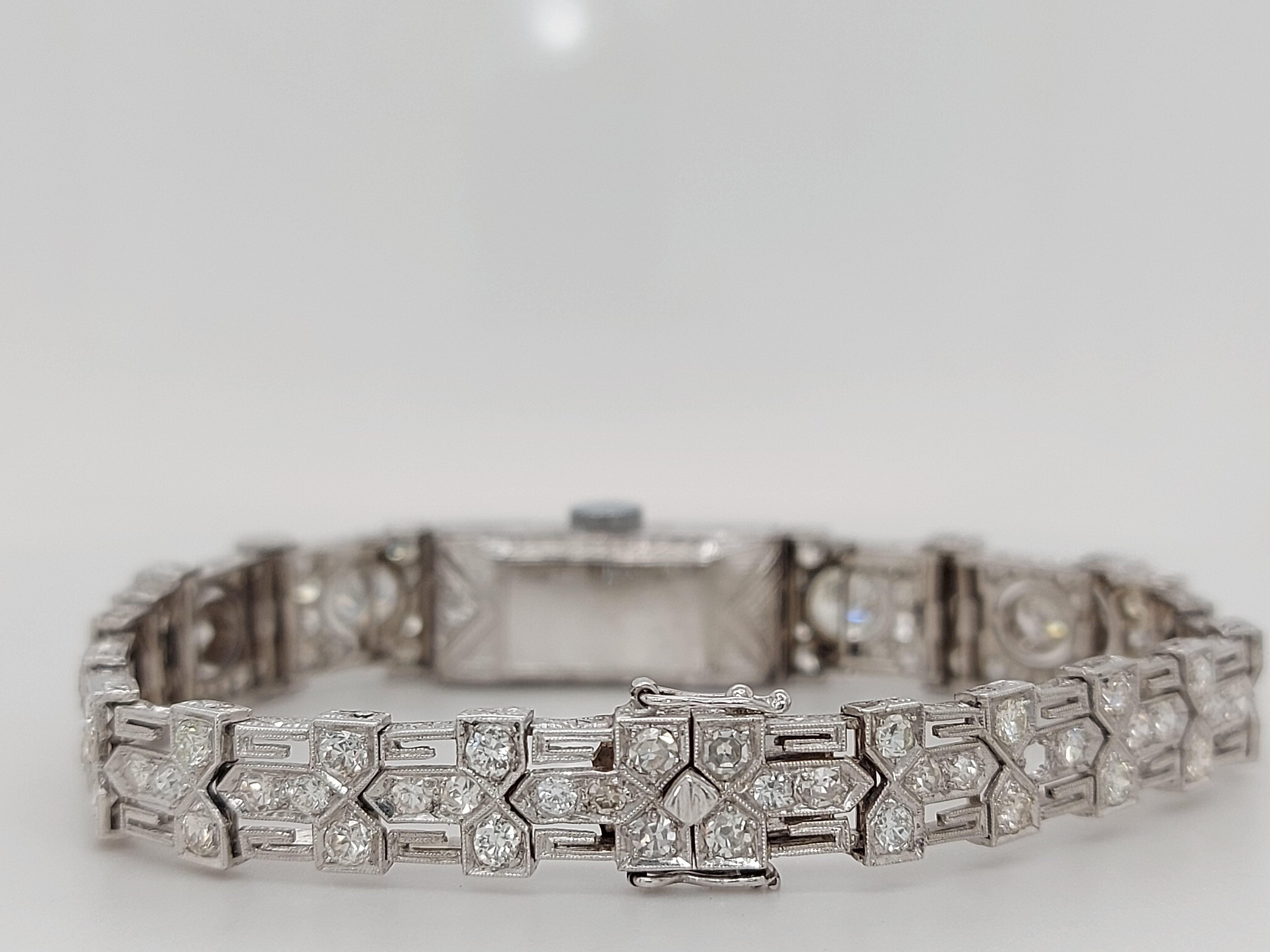 Round Cut Beautiful Platinum Diamond Art Deco Watch Diamond Bracelet For Sale