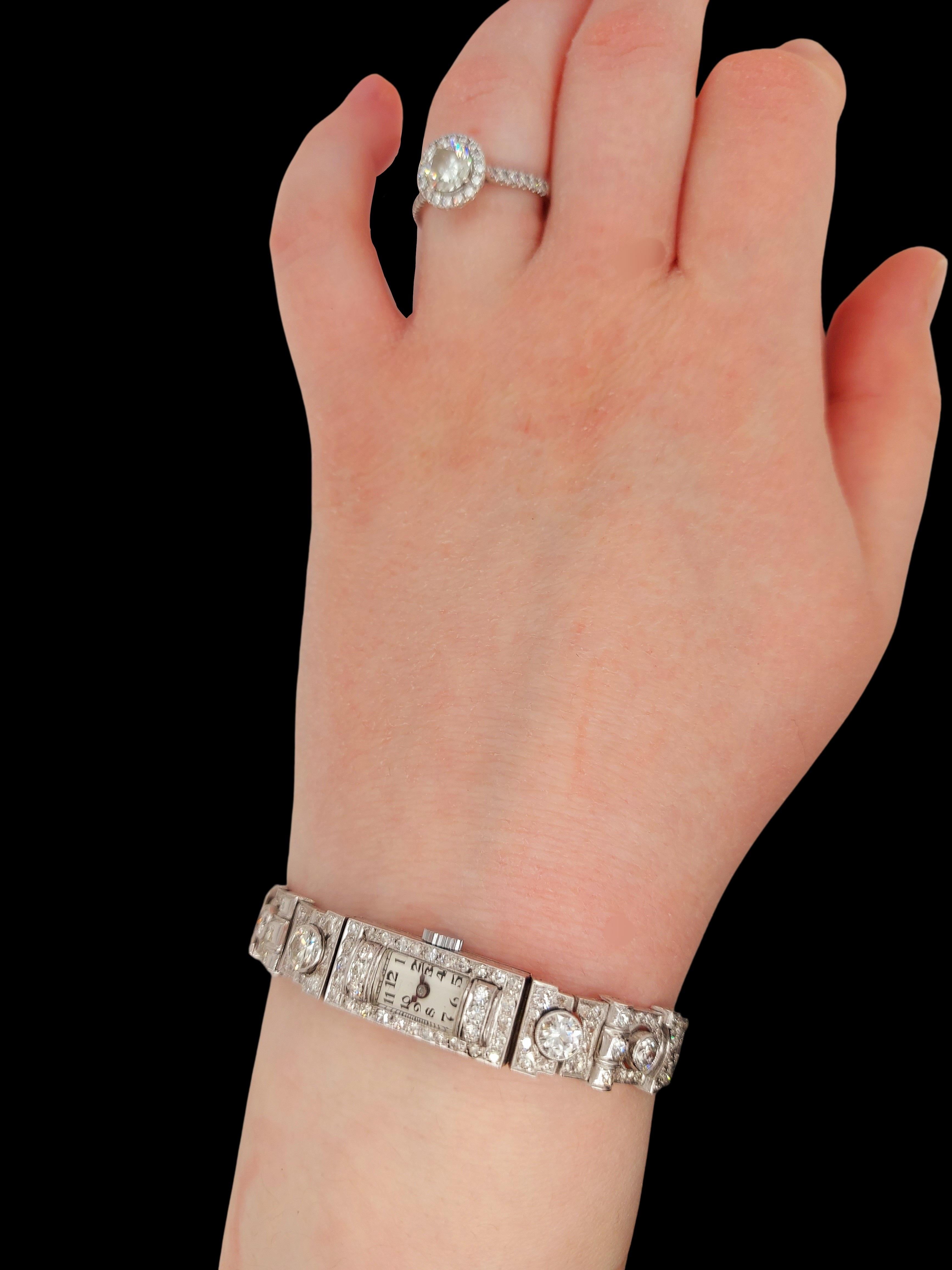 Beautiful Platinum Diamond Bracelet Dress Watch with Big Diamonds For Sale 12
