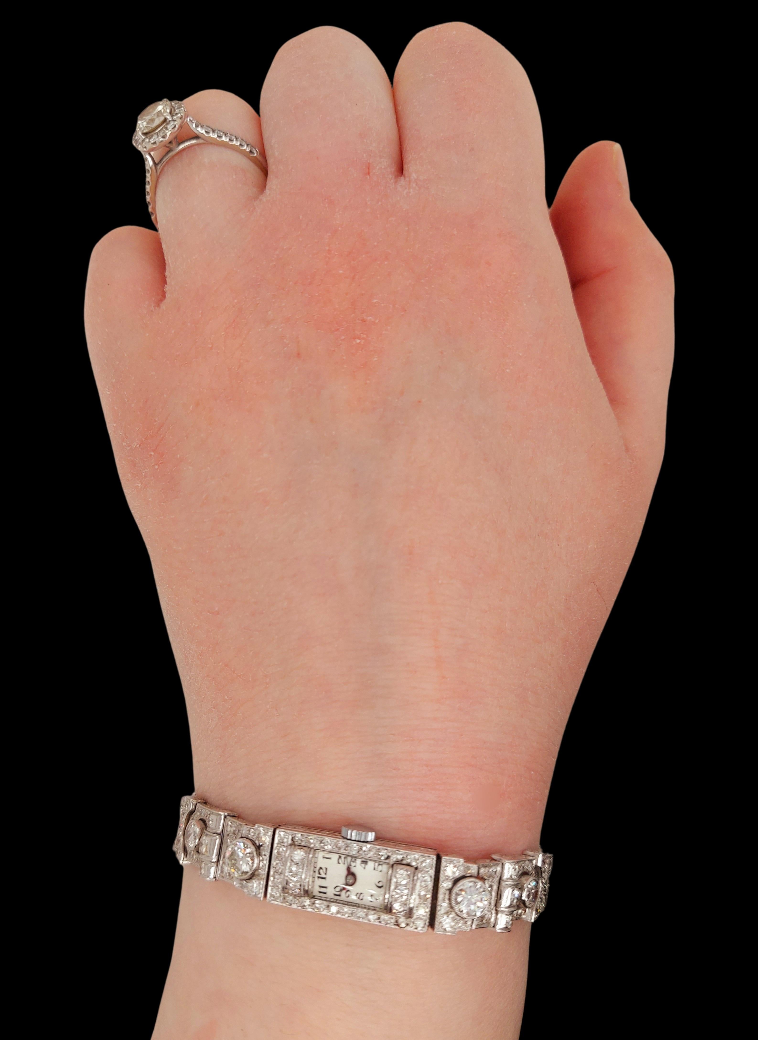 Beautiful Platinum Diamond Bracelet Dress Watch with Big Diamonds For Sale 13