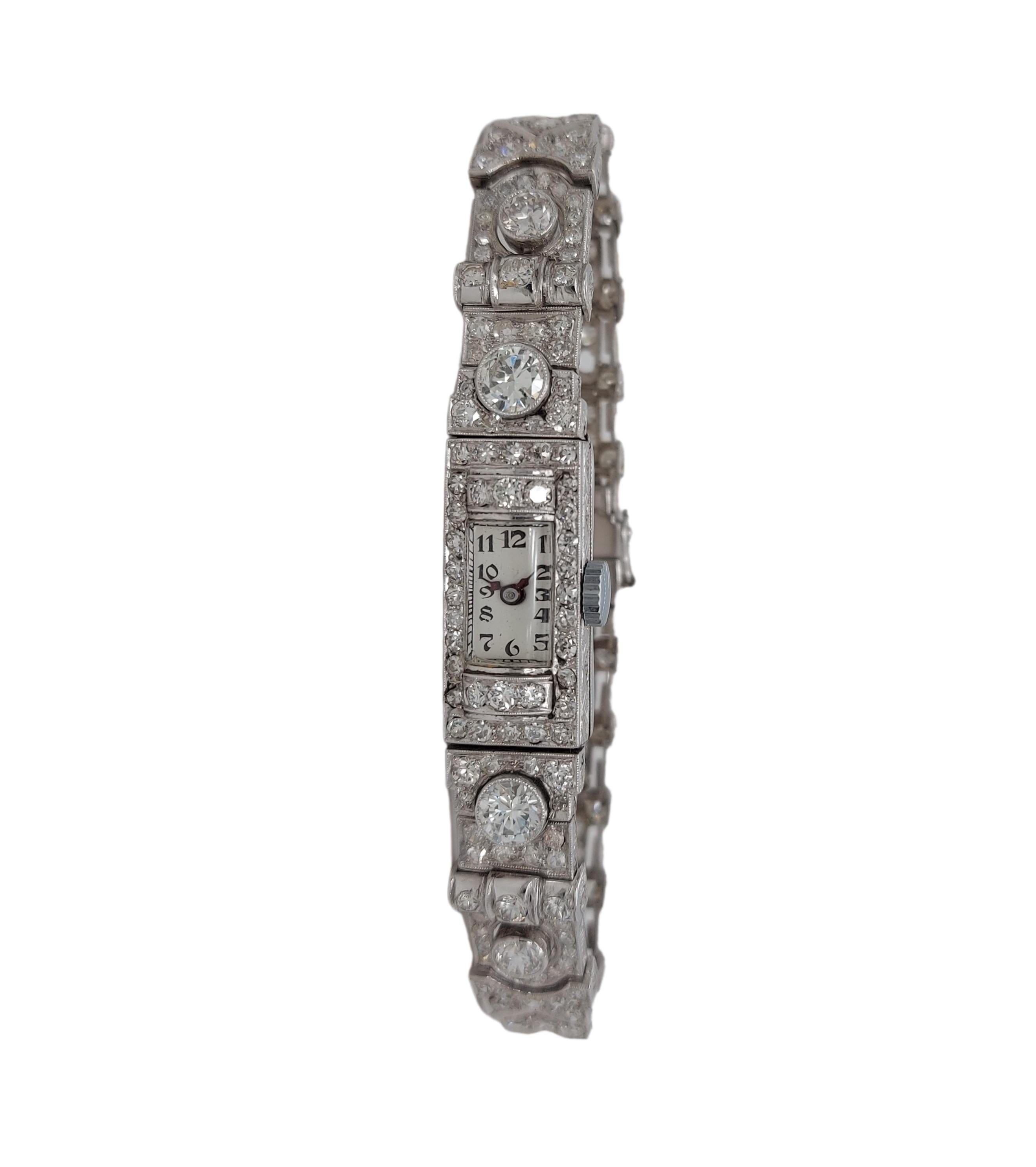 Art Deco Beautiful Platinum Diamond Bracelet Dress Watch with Big Diamonds For Sale