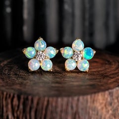 Beautiful Plum Blossom Sakura Solid Opal Diamond Stud Earrings 14k Yellow Gold