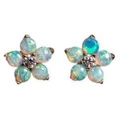 Beautiful Plum Blossom Sakura Solid Opal Diamond Stud Earrings 14k Yellow Gold