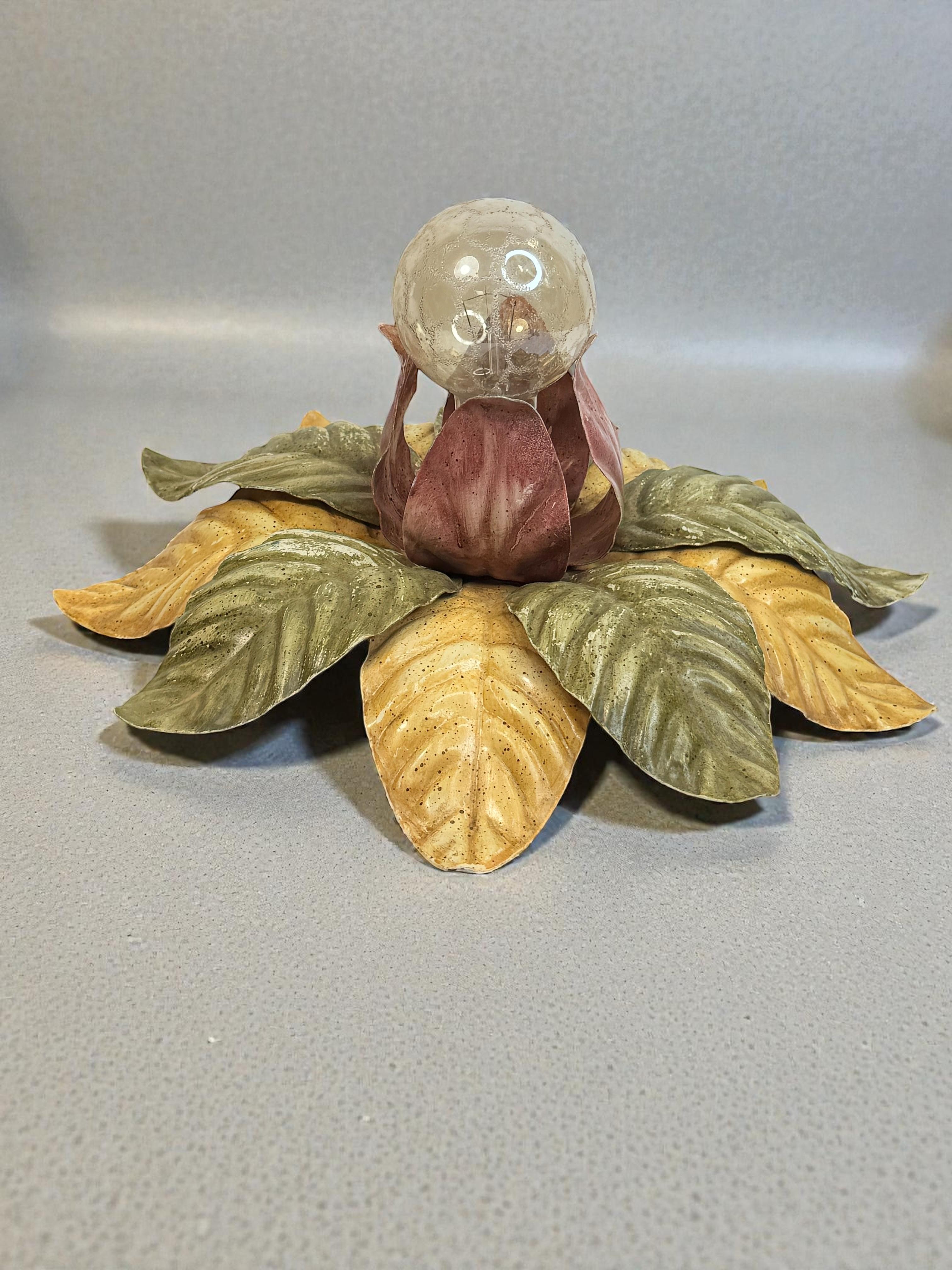 Beautiful Polychrome Leaf Flower Flush Mount Light Italy Florentine Style, 1960s For Sale 4