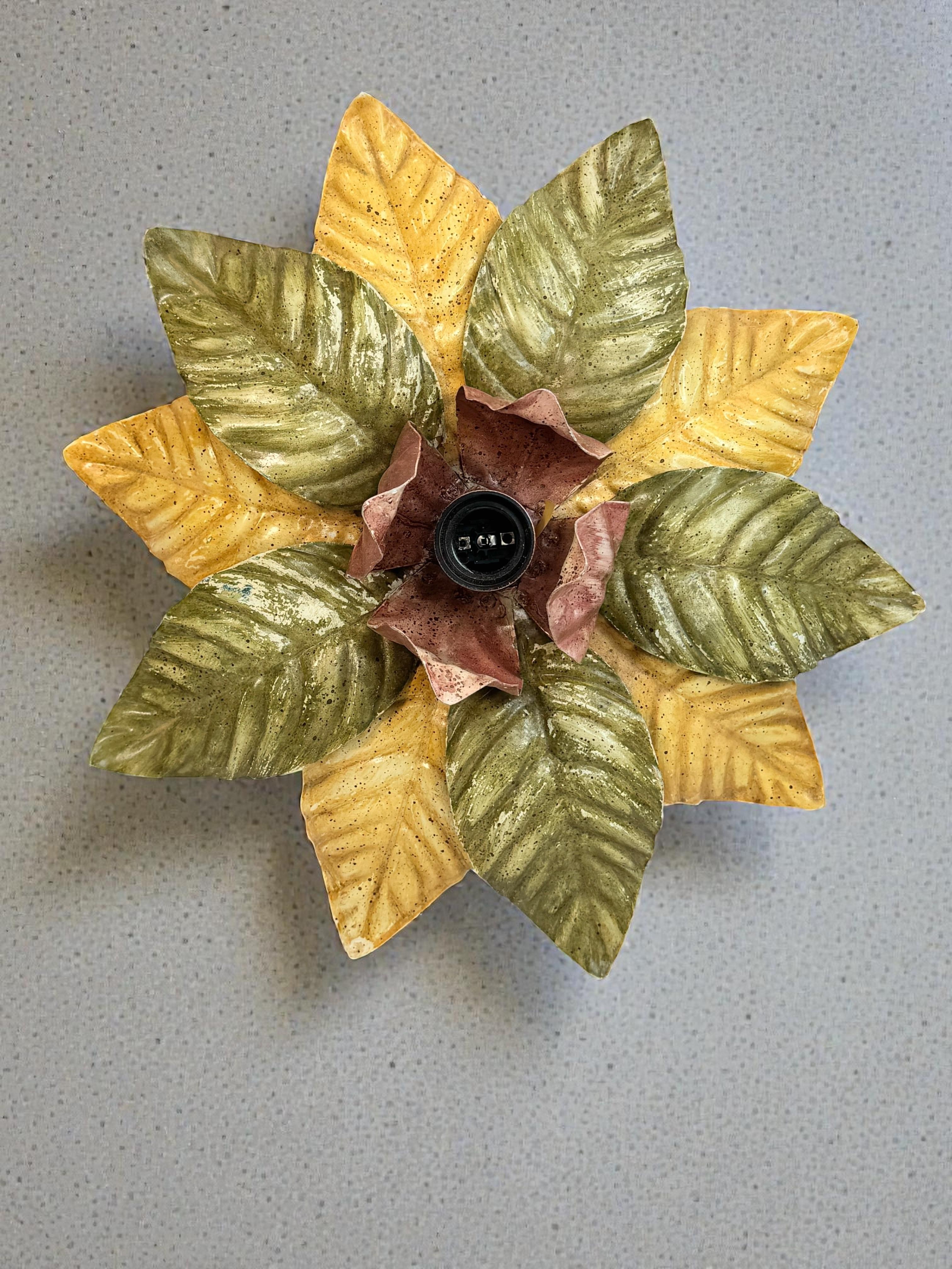 Beautiful Polychrome Leaf Flower Flush Mount Light Italy Florentine Style, 1960s For Sale 6