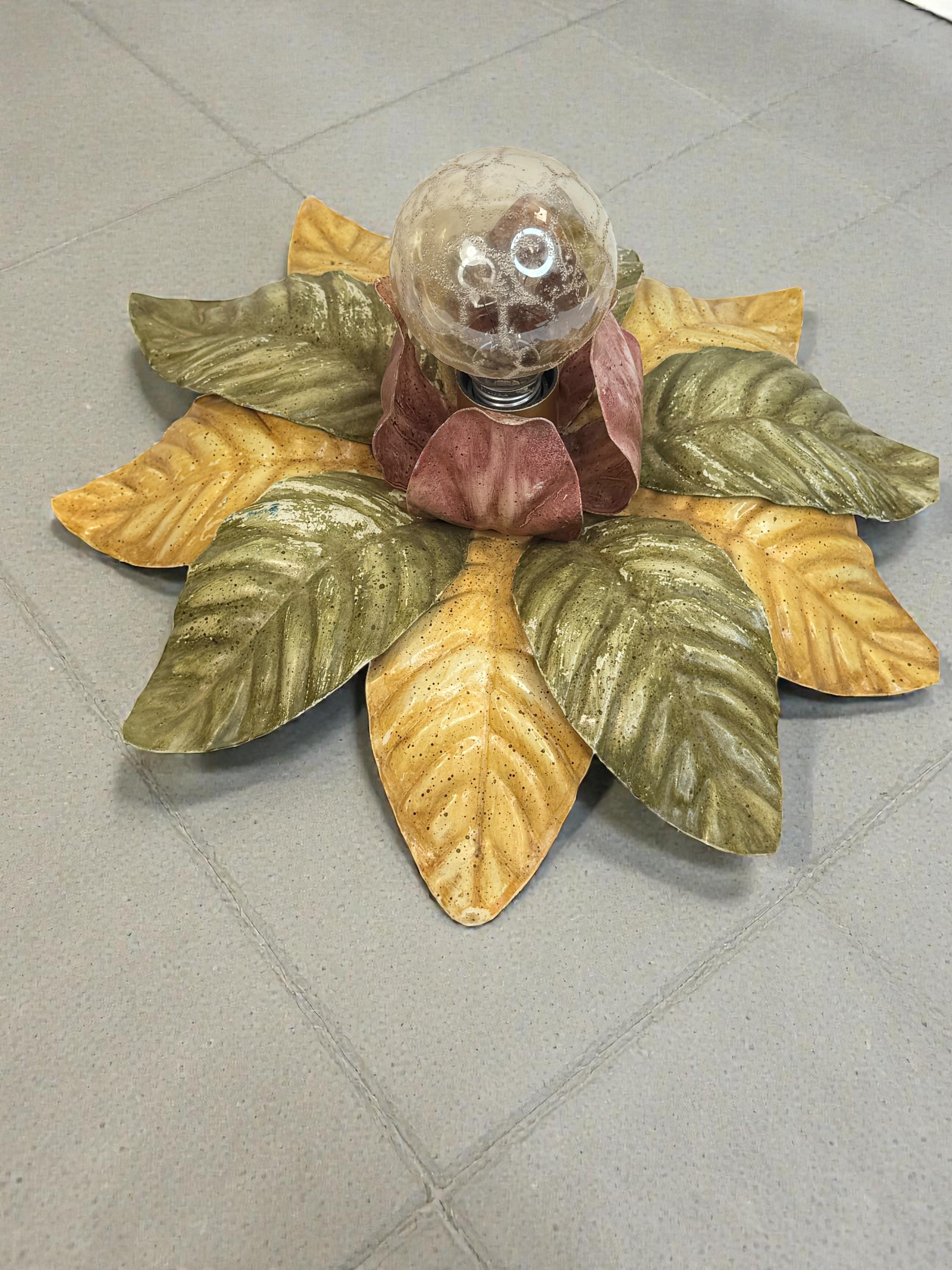 Beautiful Polychrome Leaf Flower Flush Mount Light Italy Florentine Style, 1960s For Sale 7
