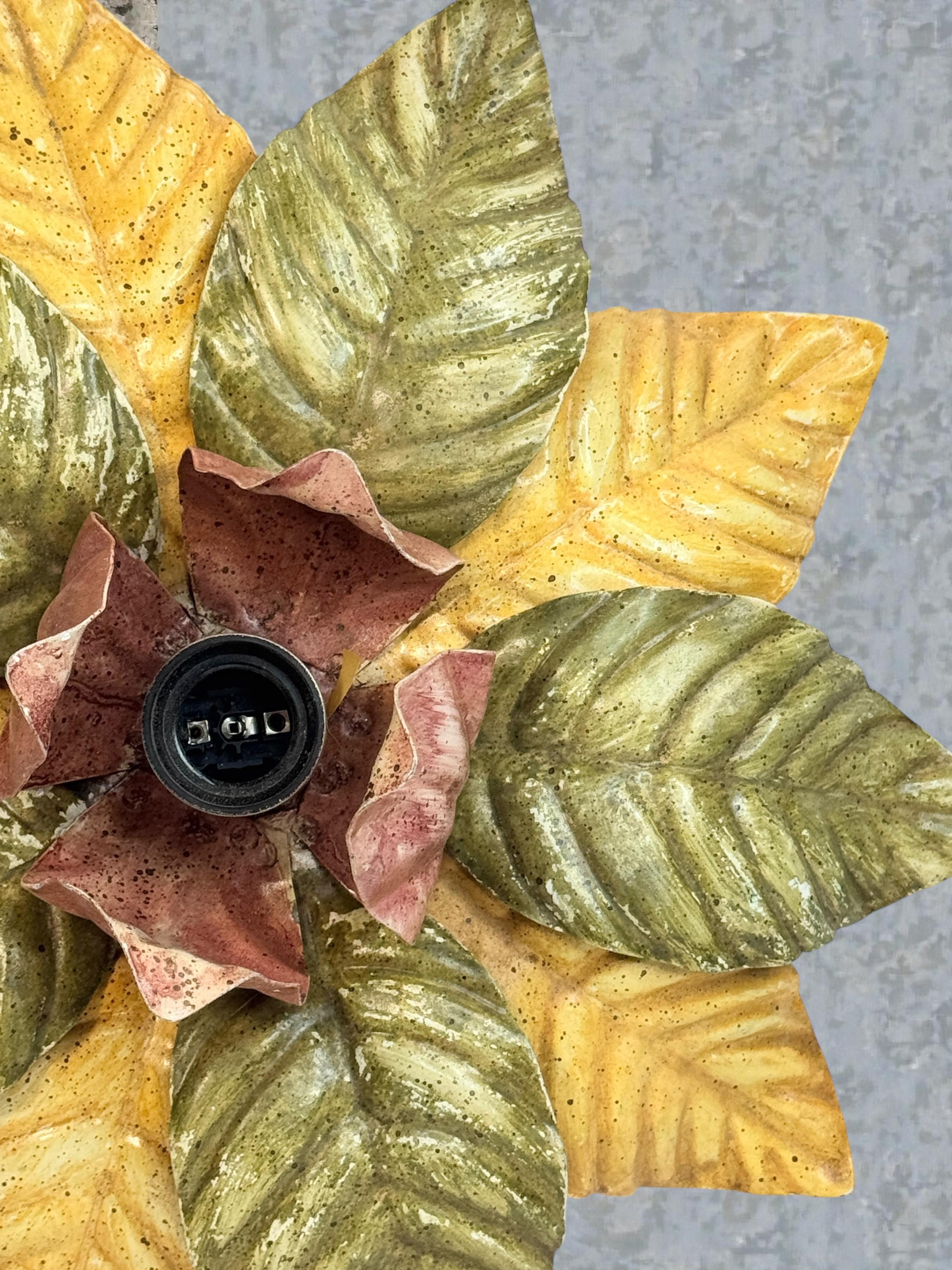 Beautiful Polychrome Leaf Flower Flush Mount Light Italy Florentine Style, 1960s For Sale 9