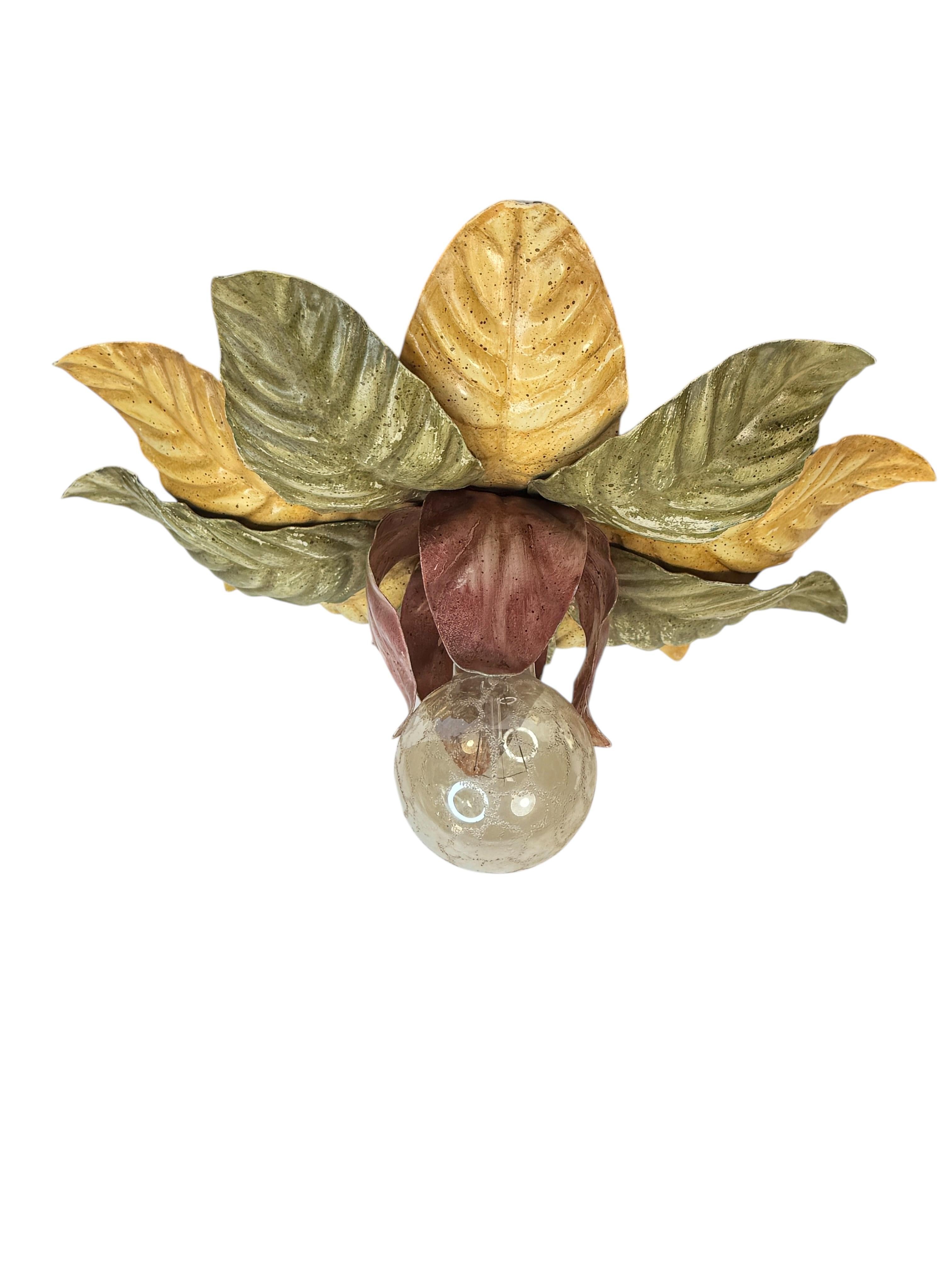 Hollywood Regency Beautiful Polychrome Leaf Flower Flush Mount Light Italy Florentine Style, 1960s For Sale